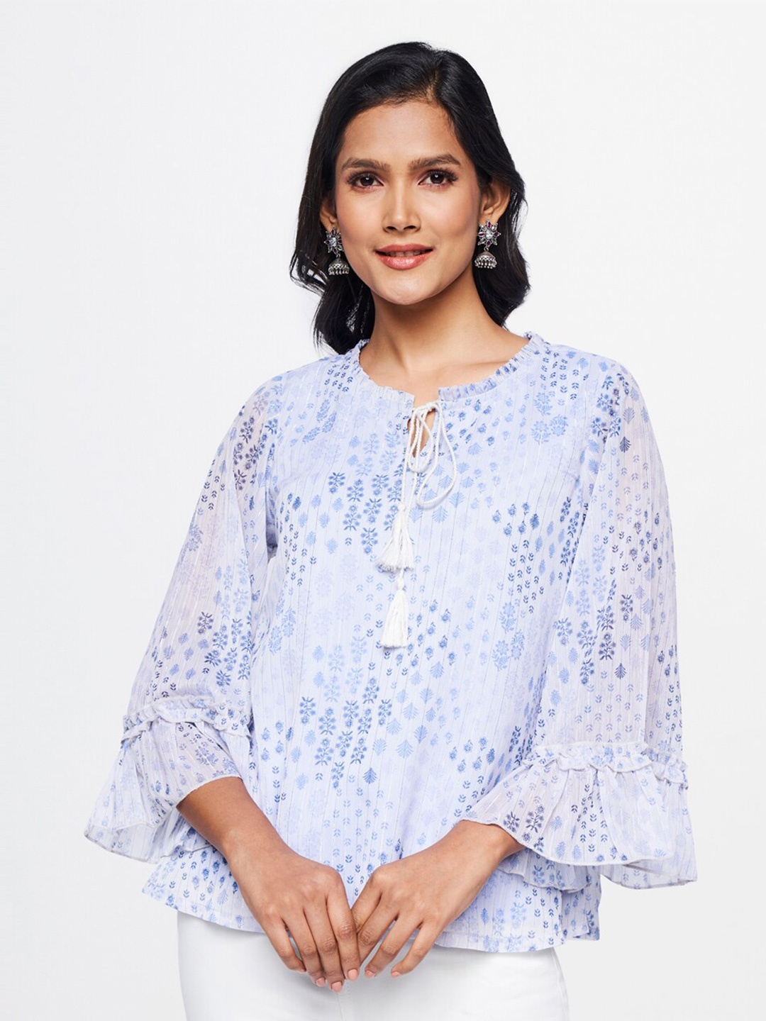 

itse Women Blue Floral Print Tie-Up Neck Top