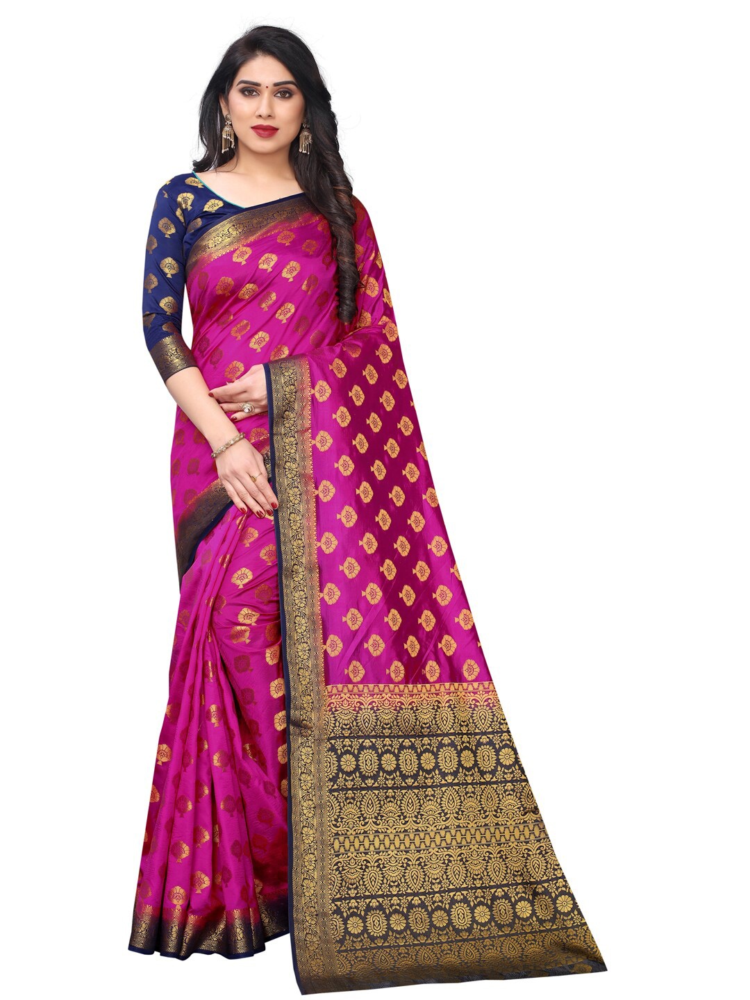 

SATYAM WEAVES Pink & Navy Blue Woven Design Zari Silk Cotton Banarasi Saree