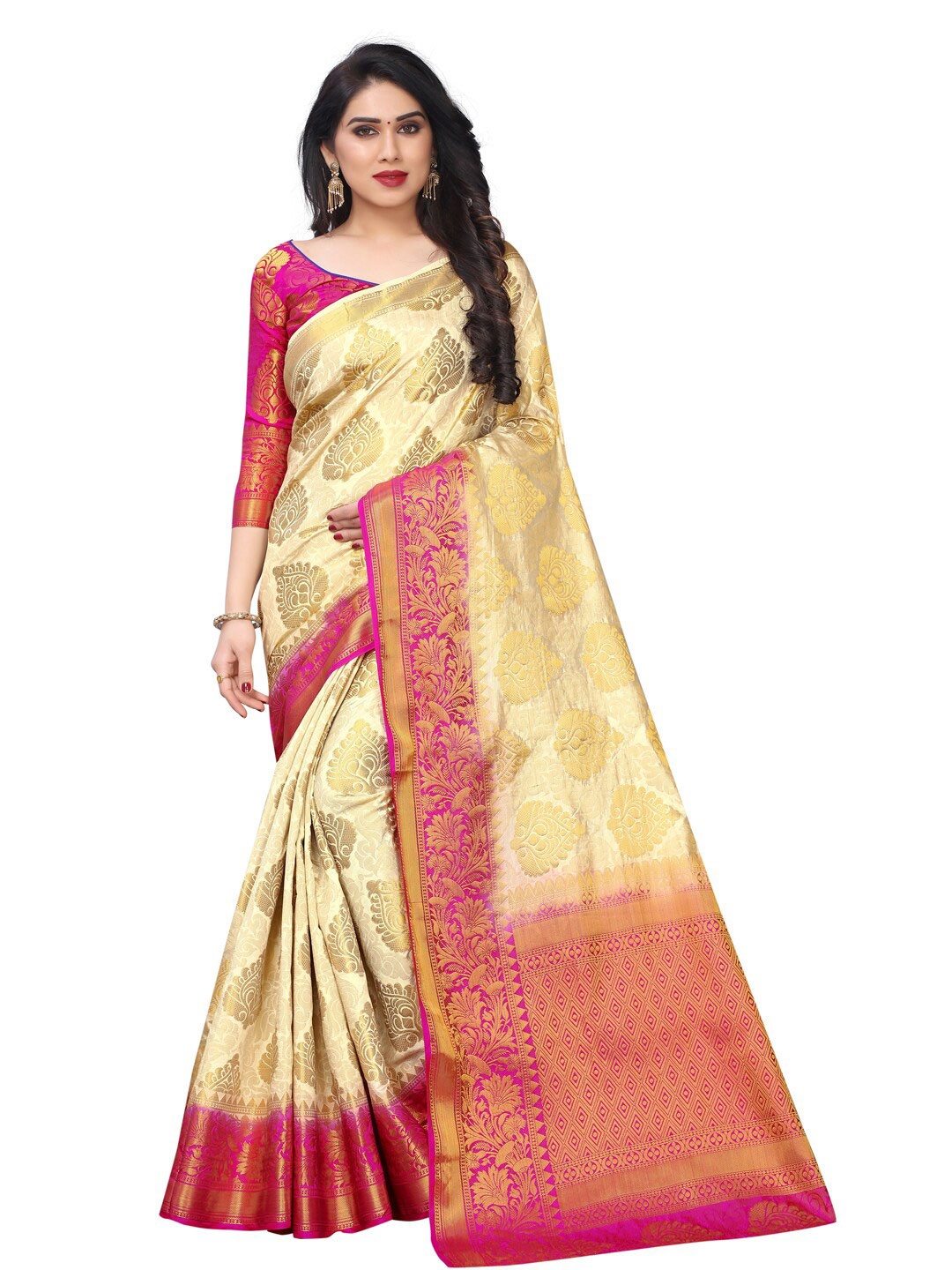 

SATYAM WEAVES Beige & Magenta Floral Zari Silk Cotton Banarasi Saree