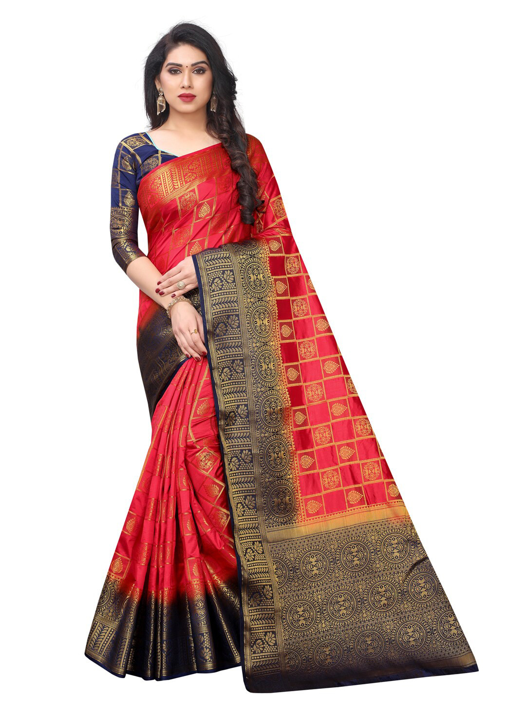 

SATYAM WEAVES Red & Blue Ethnic Motifs Silk Cotton Banarasi Saree