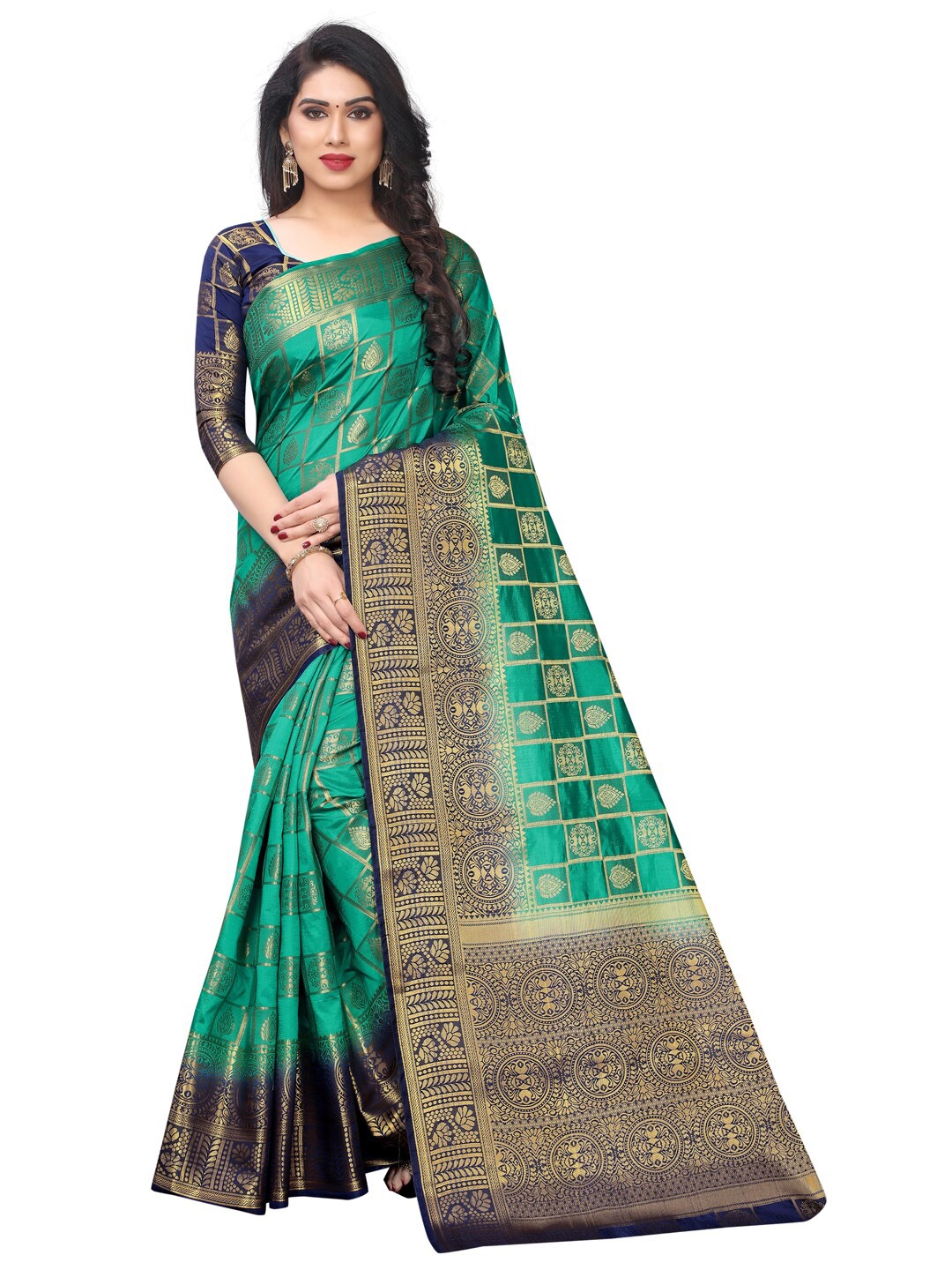

SATYAM WEAVES Green & Blue Ethnic Motifs Zari Silk Cotton Banarasi Saree