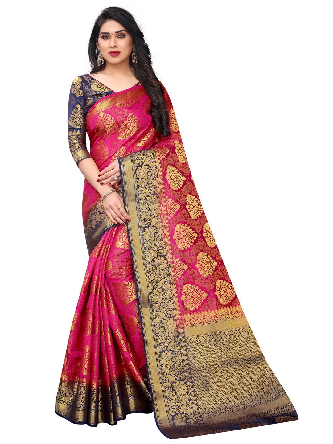 

SATYAM WEAVES Magenta & Navy Blue Woven Design Zari Silk Cotton Banarasi Saree