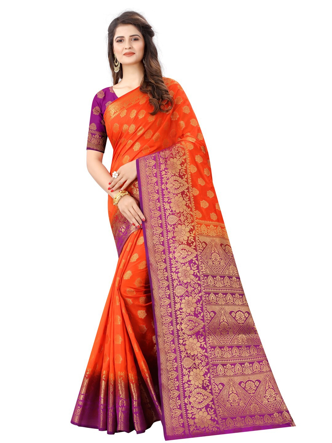 

SATYAM WEAVES Orange & Magenta Woven Design Zari Silk Cotton Banarasi Saree