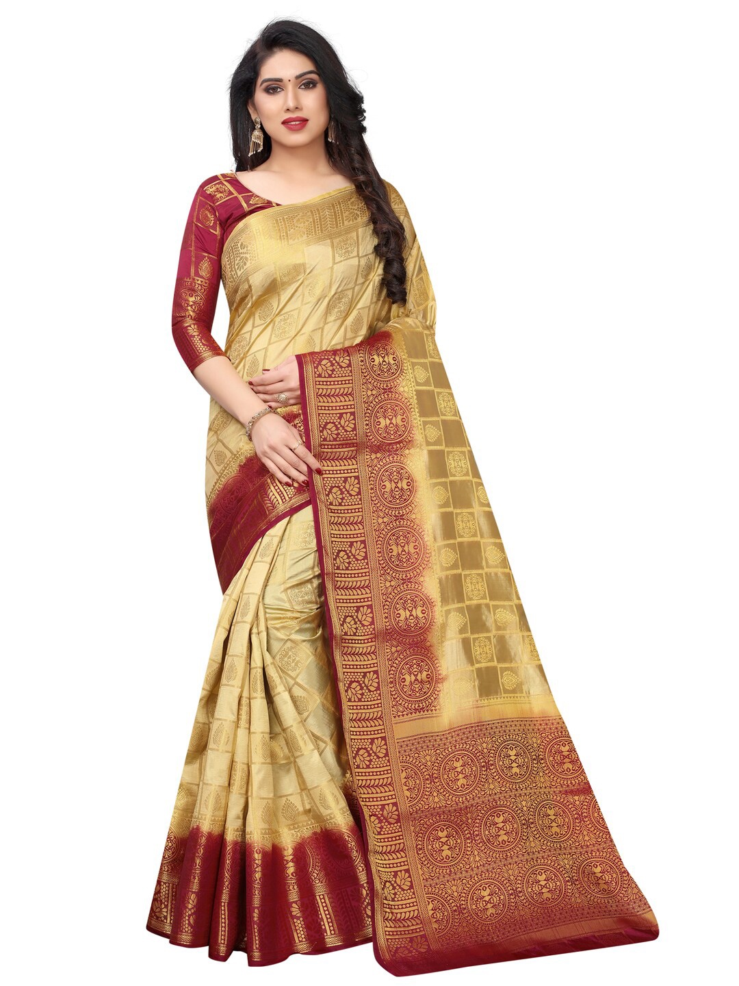 

SATYAM WEAVES Beige & Maroon Woven Design Silk Cotton Banarasi Saree