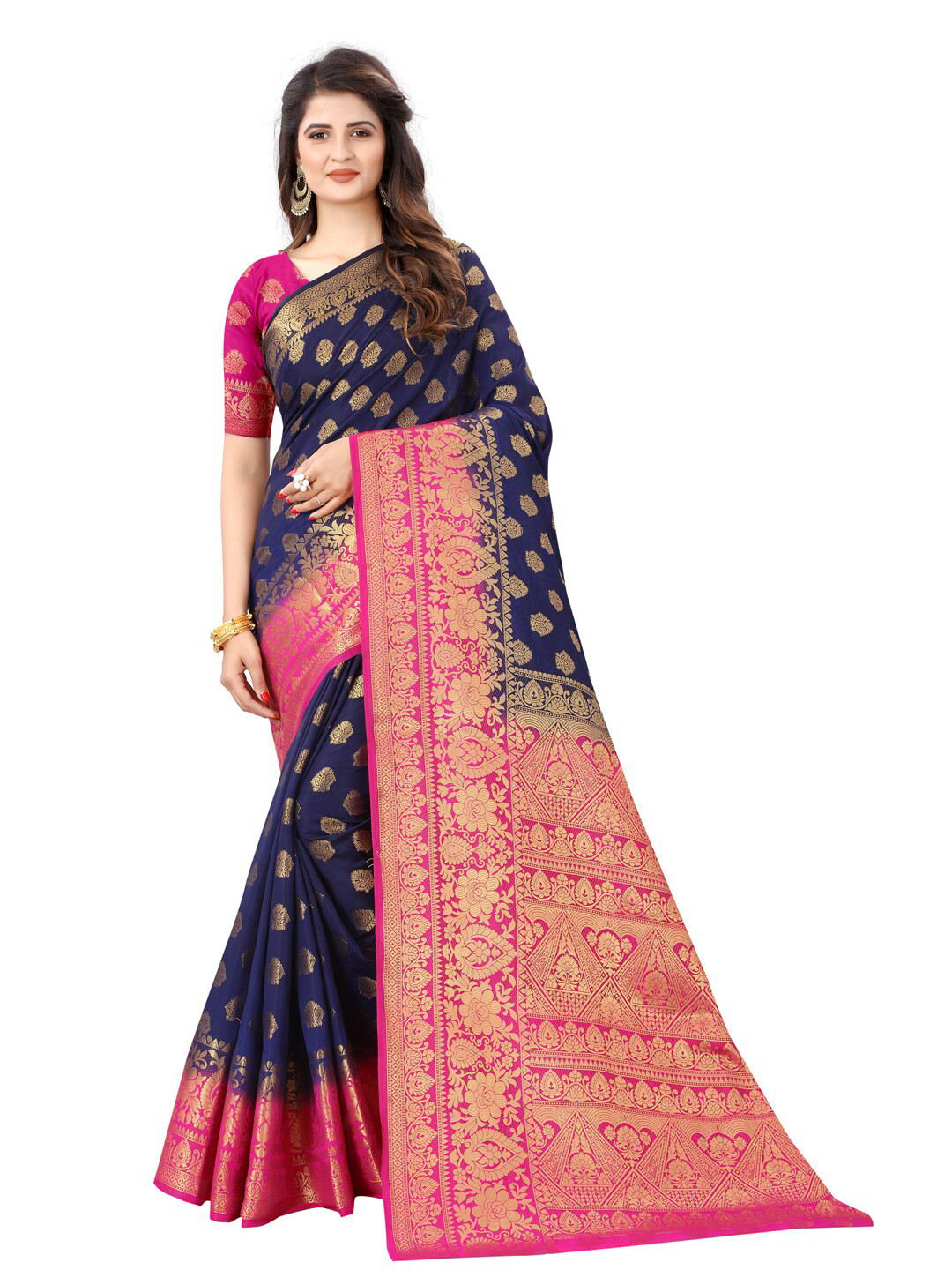 

SATYAM WEAVES Navy Blue & Pink Ethnic Motifs Zari Silk Cotton Banarasi Saree