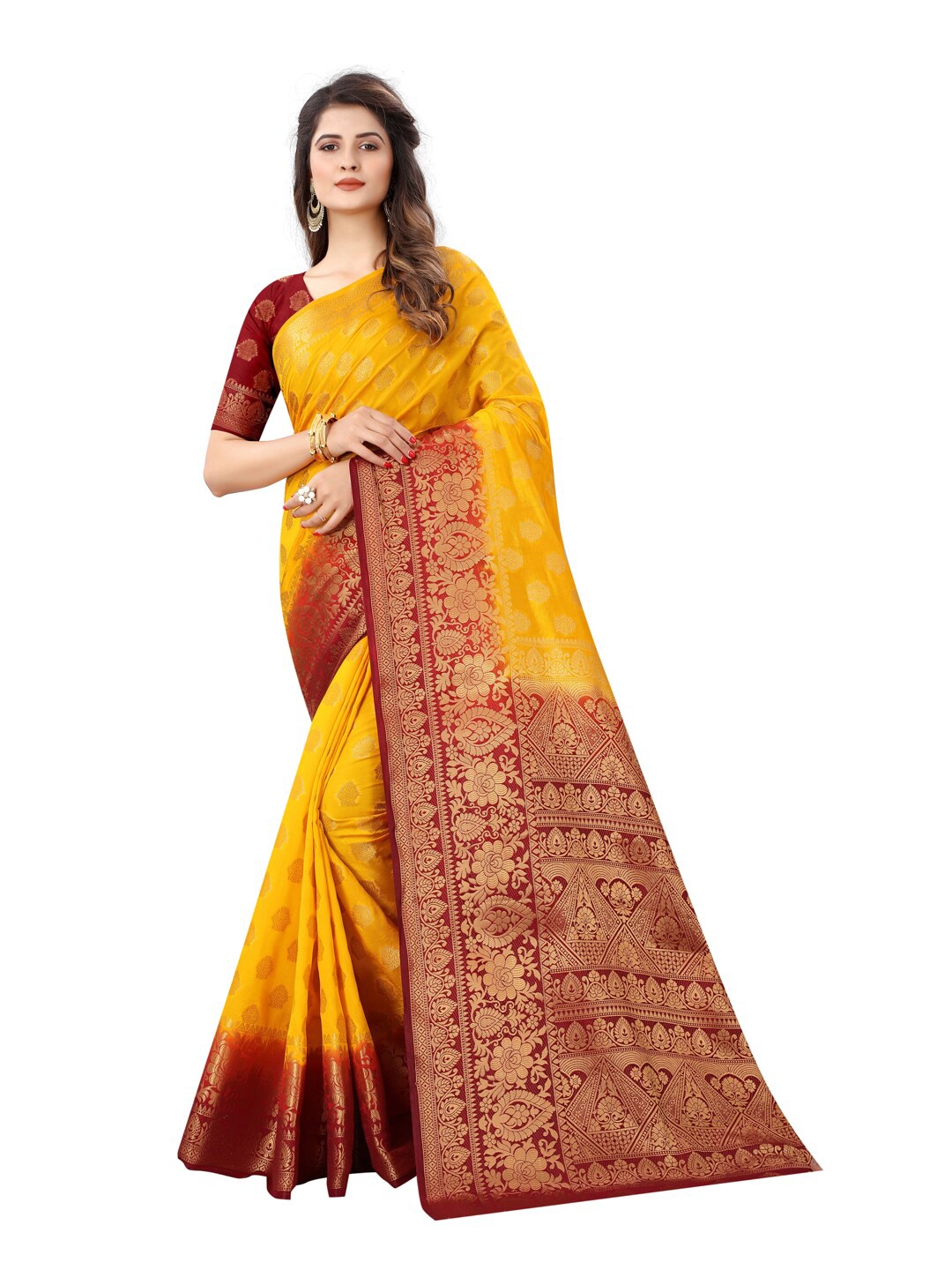 

SATYAM WEAVES Gold-Toned & Red Woven Design Silk Cotton Banarasi Saree
