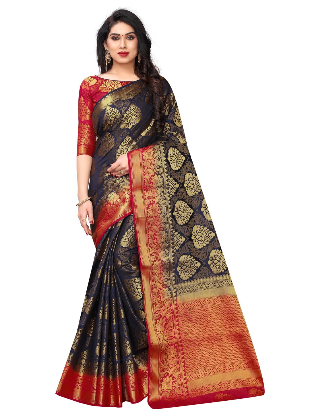 

SATYAM WEAVES Navy Blue & Red Woven Design Zari Silk Cotton Banarasi Saree