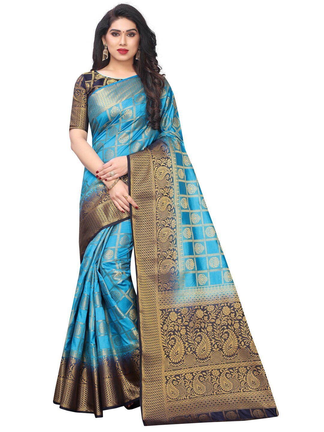

SATYAM WEAVES Navy Blue & Gold-Toned Woven Design Zari Silk Cotton Banarasi Saree