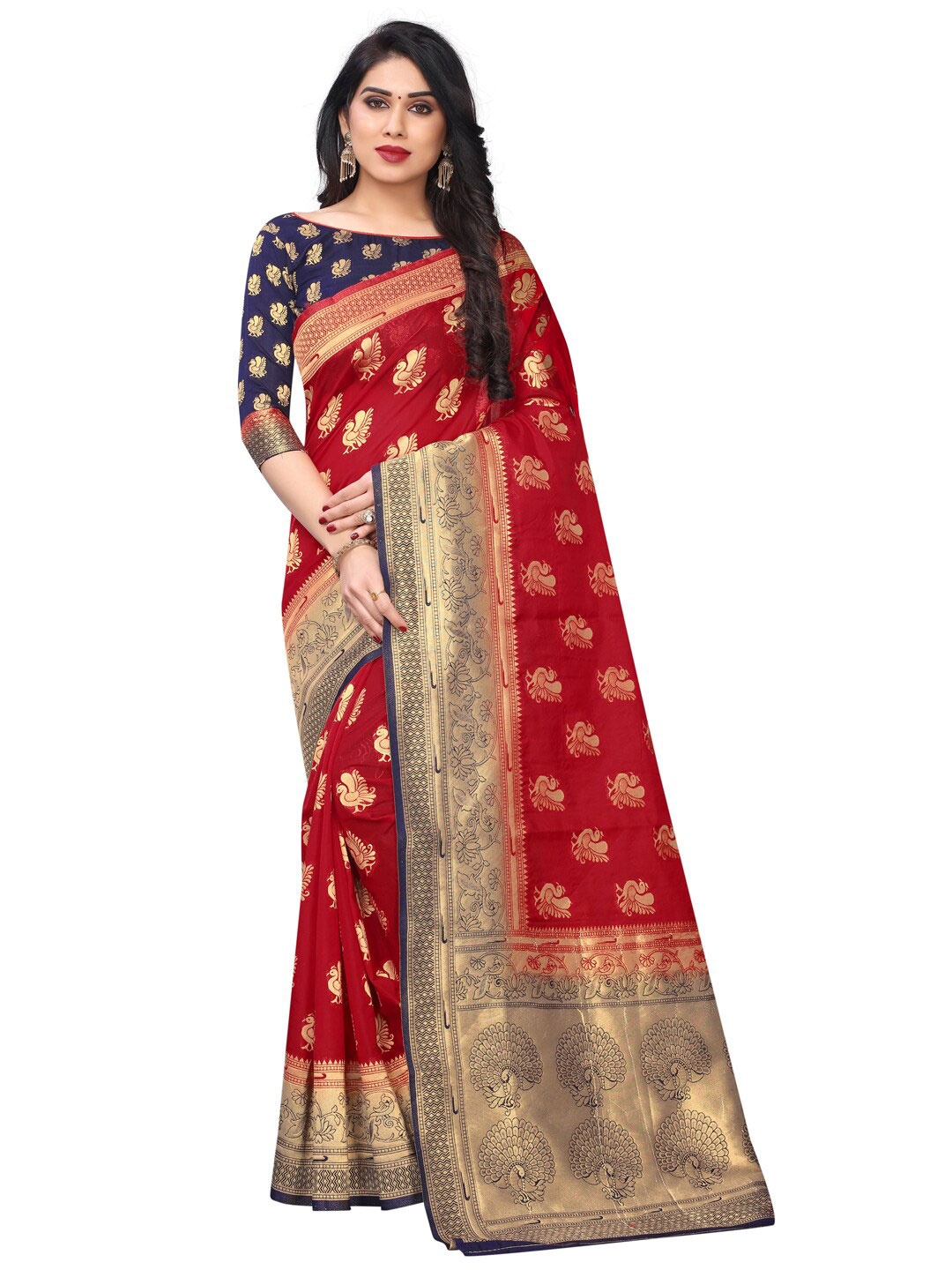 

SATYAM WEAVES Red & Navy Blue Woven Design Zari Silk Cotton Banarasi Saree