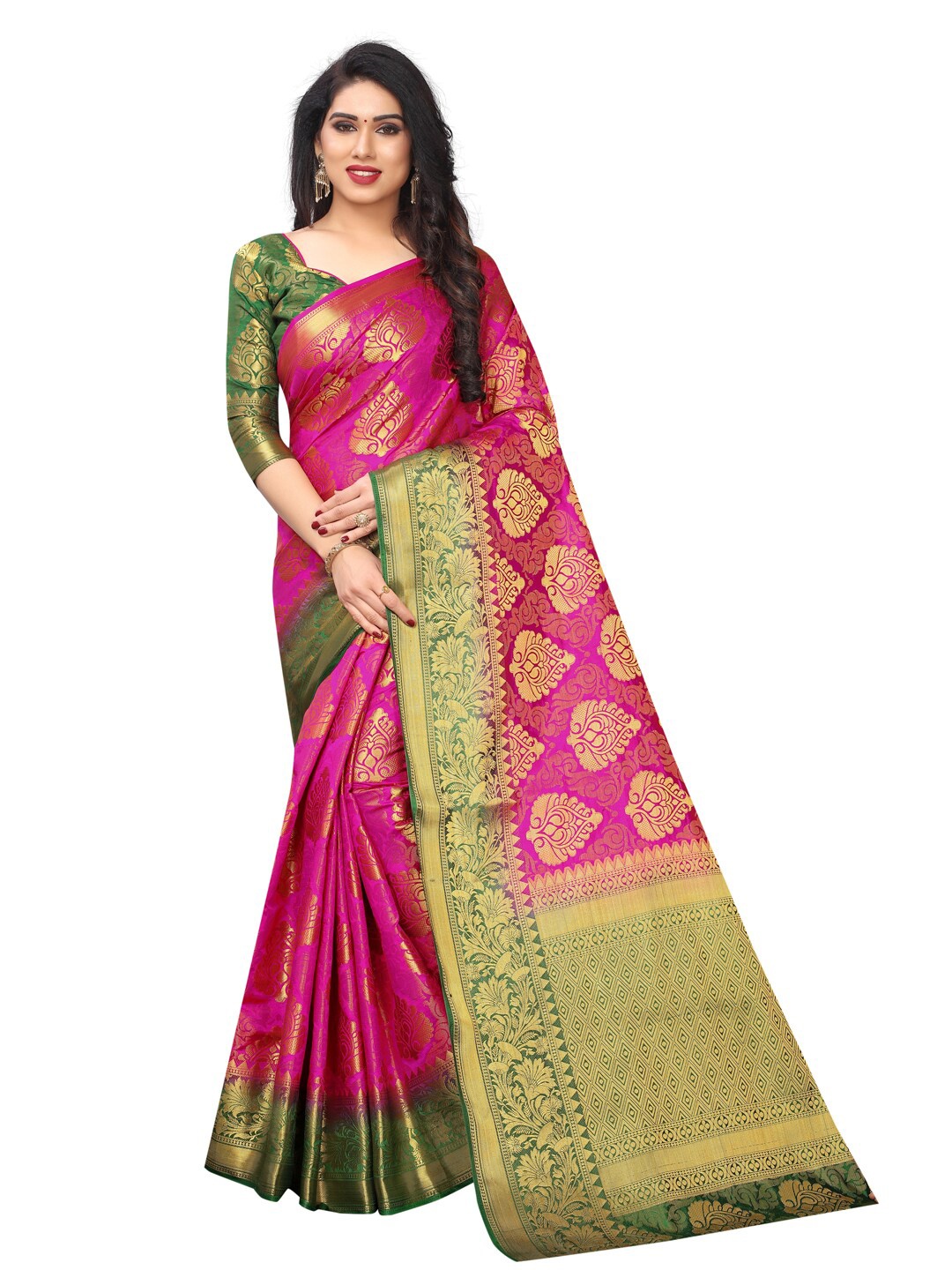 

SATYAM WEAVES Pink & Green Woven Design Silk Cotton Banarasi Saree