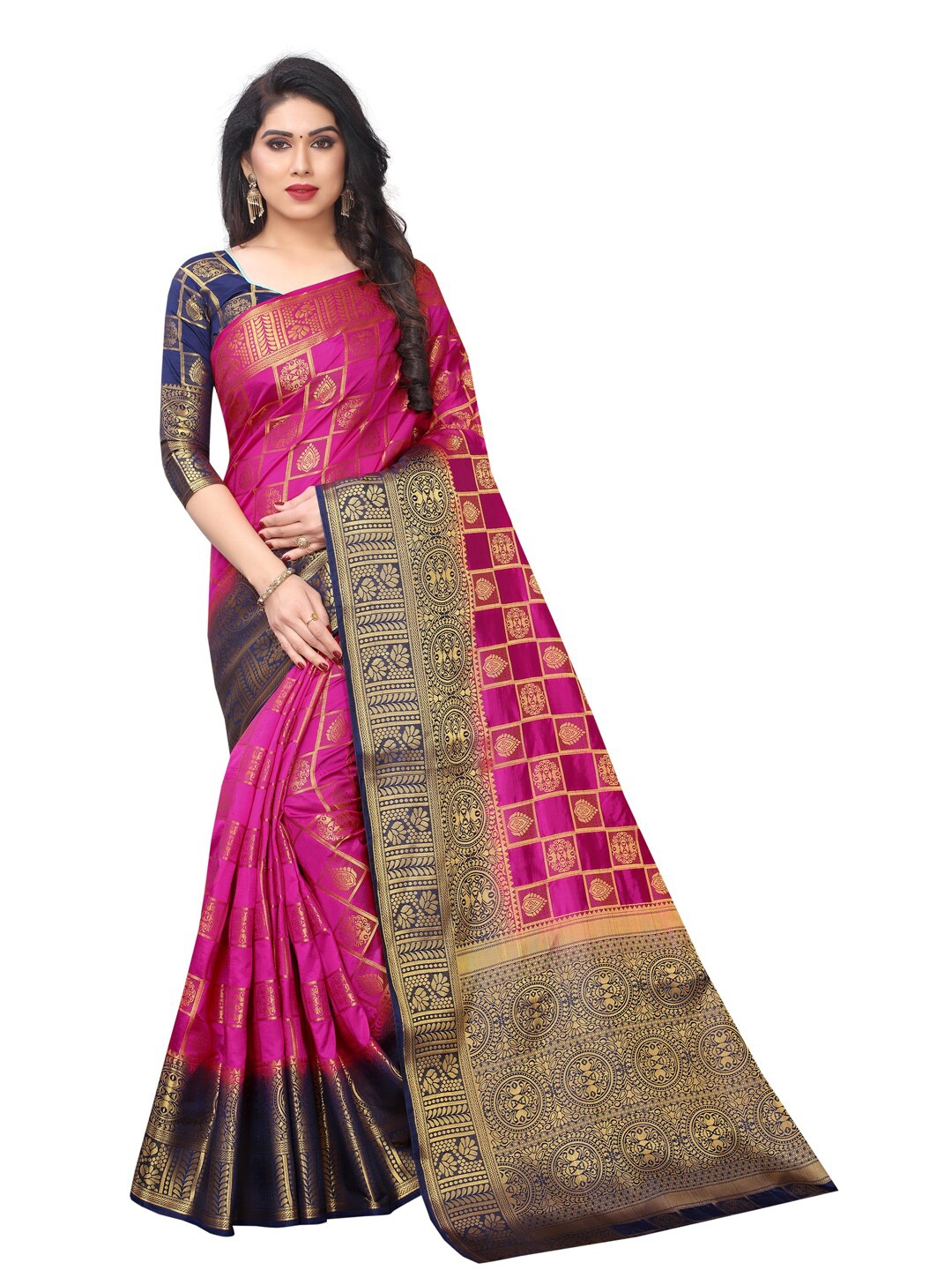 

SATYAM WEAVES Pink & Blue Ethnic Motifs Zari Silk Cotton Banarasi Saree