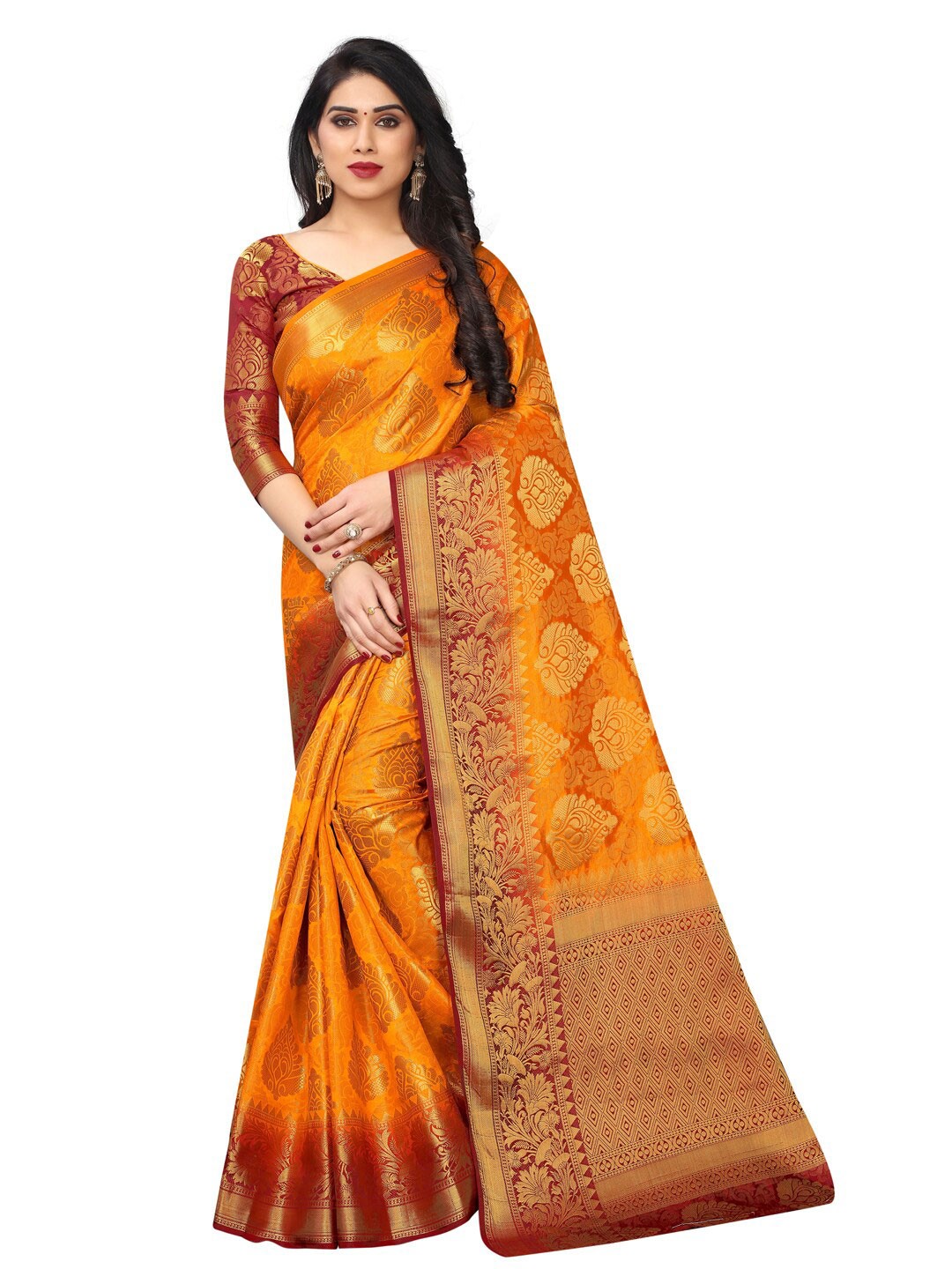 

SATYAM WEAVES Mustard & Maroon Woven Design Silk Cotton Banarasi Saree