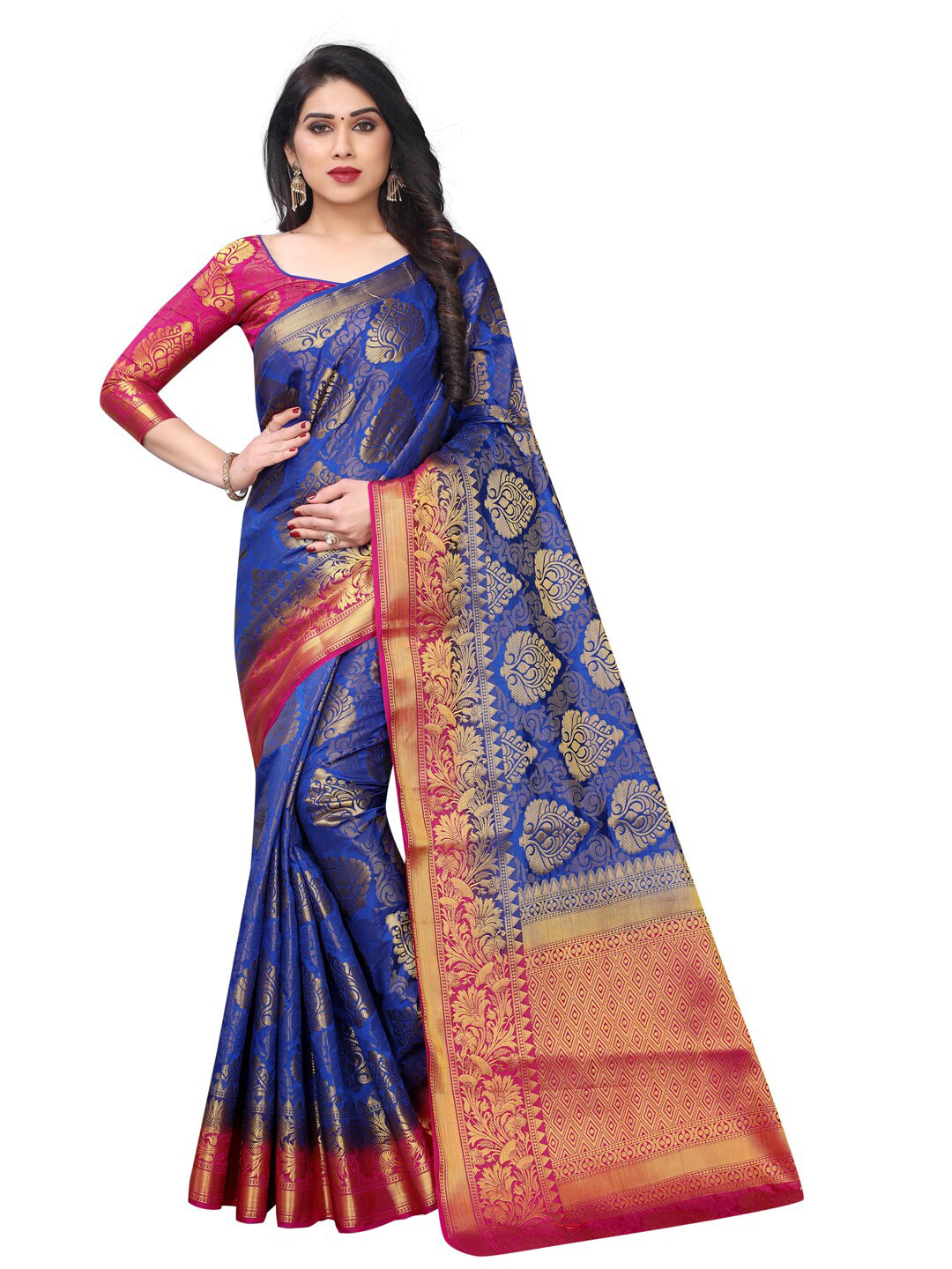 

SATYAM WEAVES Blue & Pink Woven Design Zari Silk Cotton Banarasi Saree