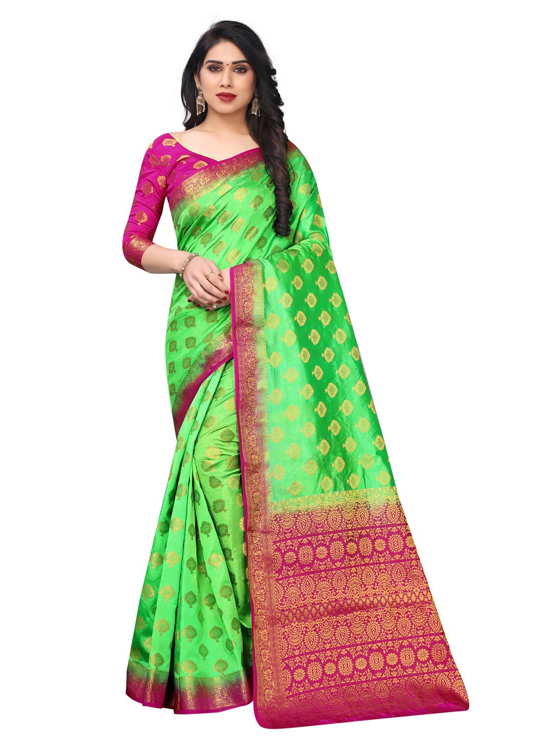 

SATYAM WEAVES Green & Magenta Woven Design Silk Cotton Banarasi Saree
