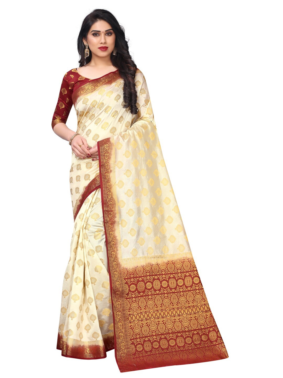 

SATYAM WEAVES Beige & Gold-Toned Ethnic Motifs Silk Cotton Banarasi Saree