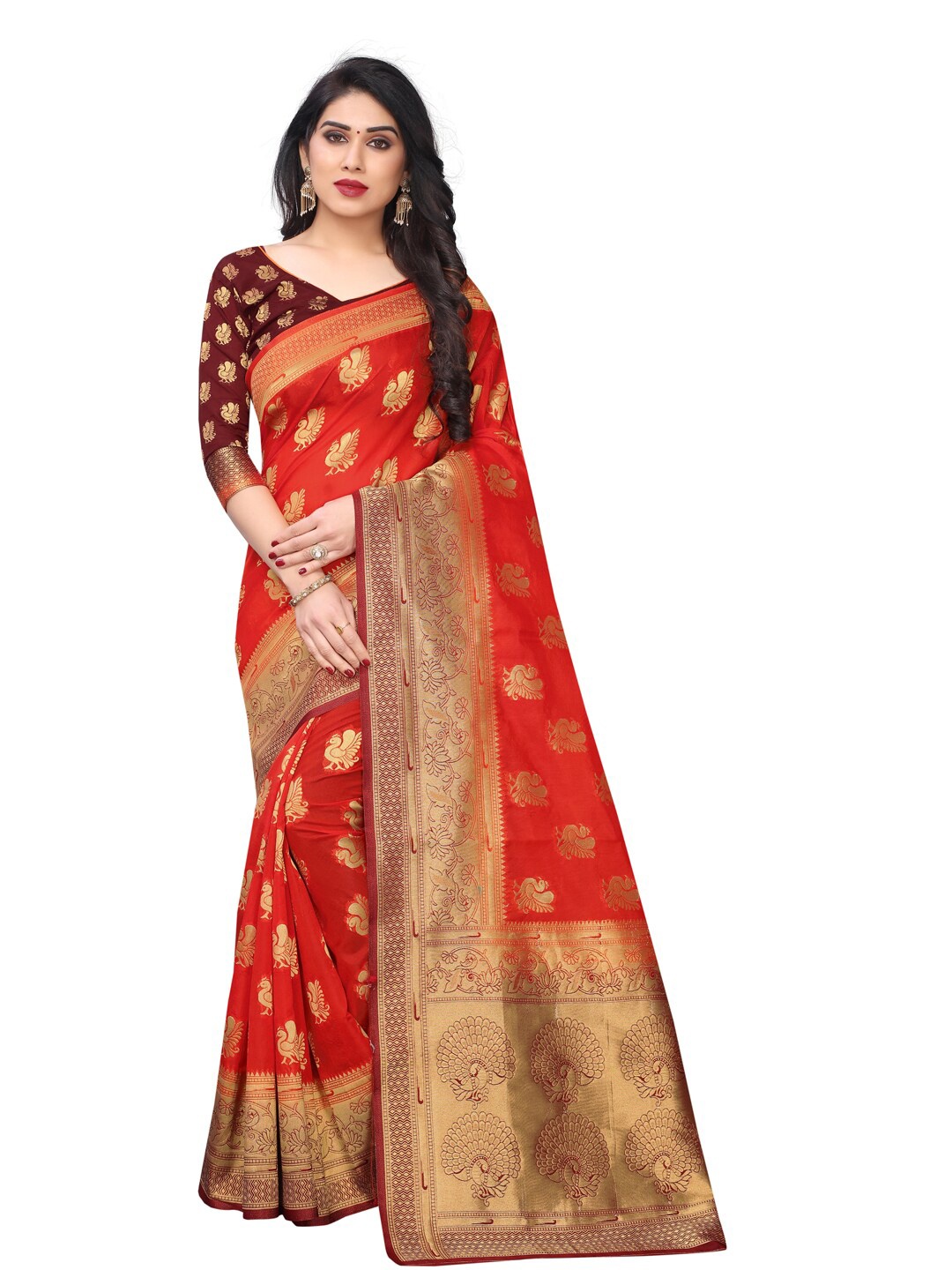 

SATYAM WEAVES Orange & Maroon Ethnic Motifs Zari Silk Cotton Banarasi Saree