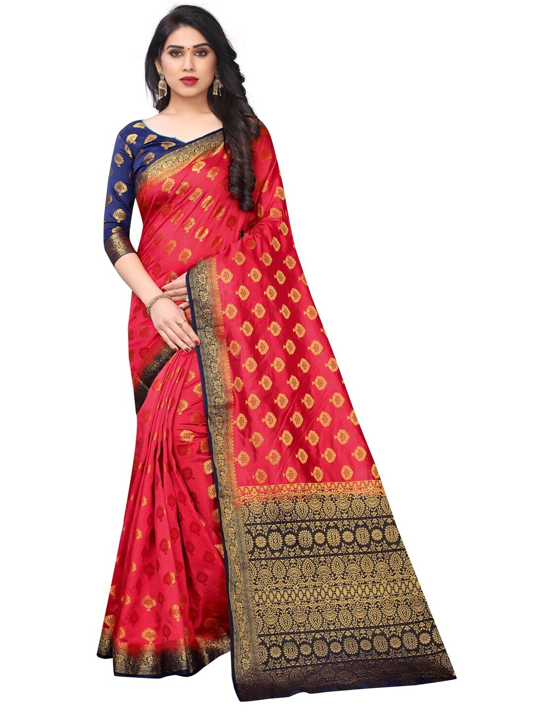 

SATYAM WEAVES Magenta & Gold-Toned Ethnic Motifs Silk Cotton Banarasi Saree