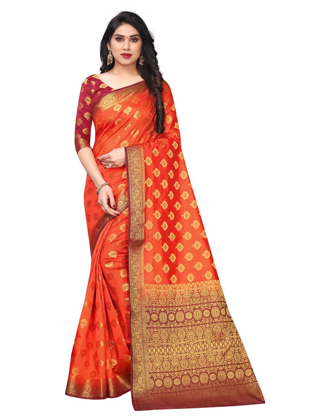 

SATYAM WEAVES Orange & Maroon Woven Design Silk Cotton Banarasi Saree