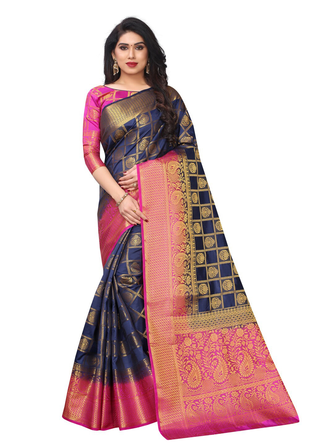 

SATYAM WEAVES Navy Blue & Magenta Woven Design Silk Cotton Banarasi Saree