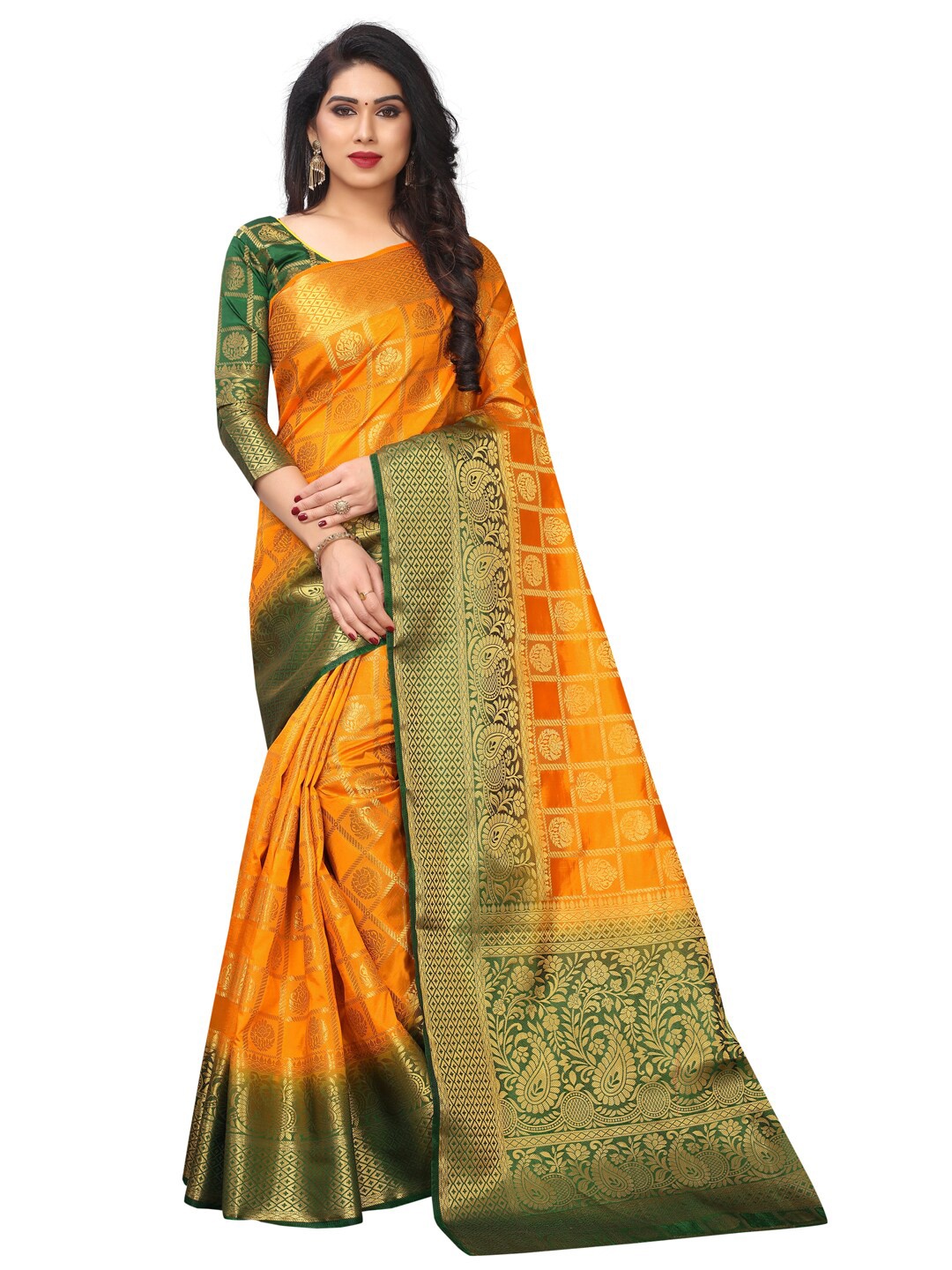 

SATYAM WEAVES Mustard & Golden Ethnic Motifs Zari Silk Cotton Banarasi Saree
