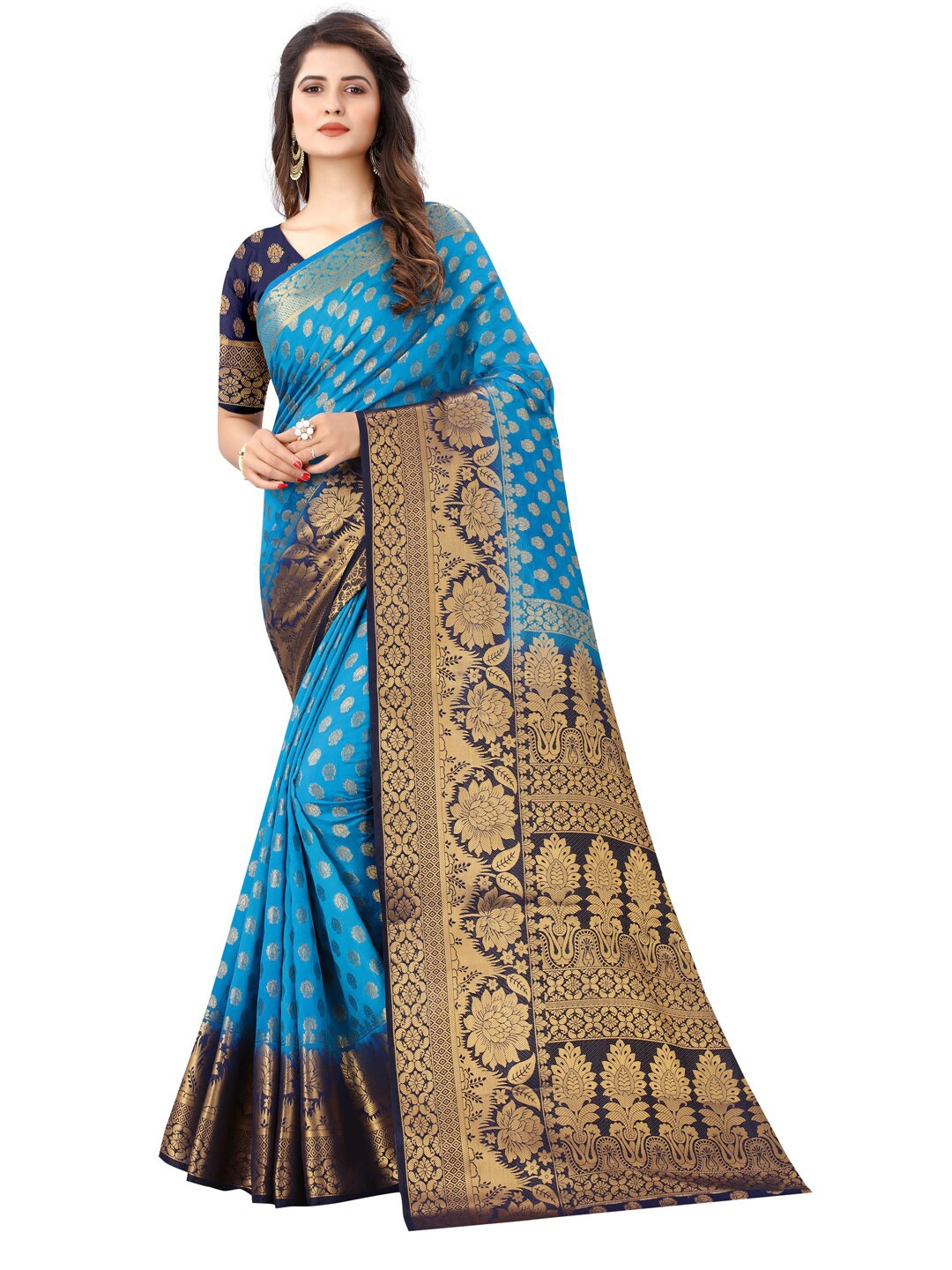 

SATYAM WEAVES Navy Blue & Gold-Toned Ethnic Motifs Silk Cotton Banarasi Saree