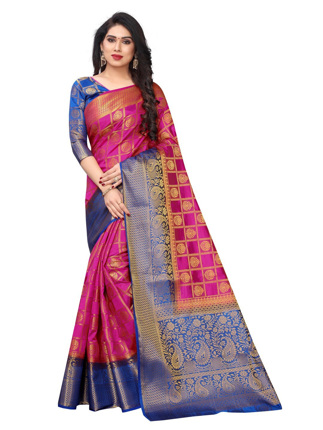 

SATYAM WEAVES Pink & Blue Ethnic Motifs Zari Silk Cotton Banarasi Saree