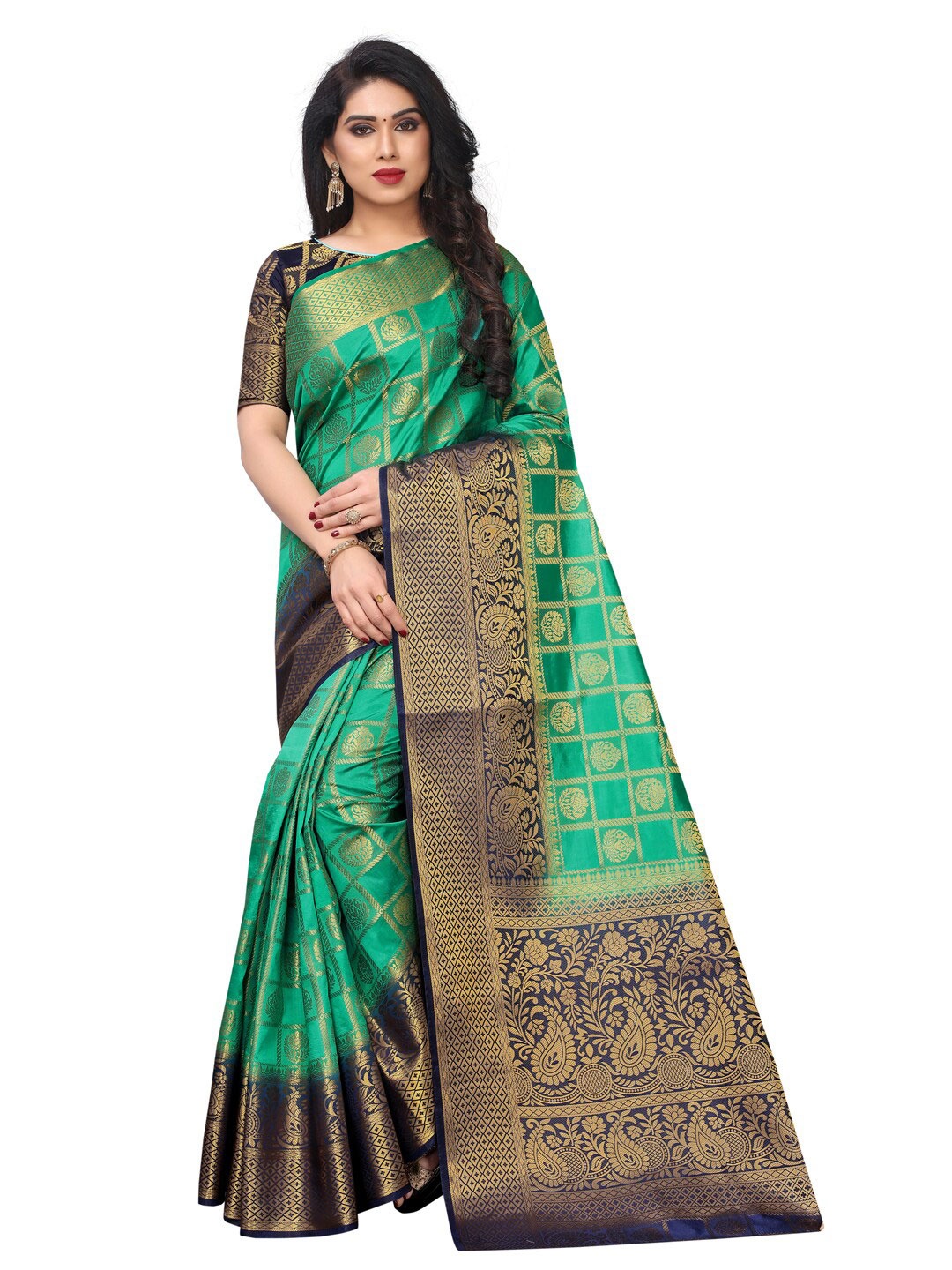 

SATYAM WEAVES Green & Navy Blue Woven Design Silk Cotton Banarasi Saree