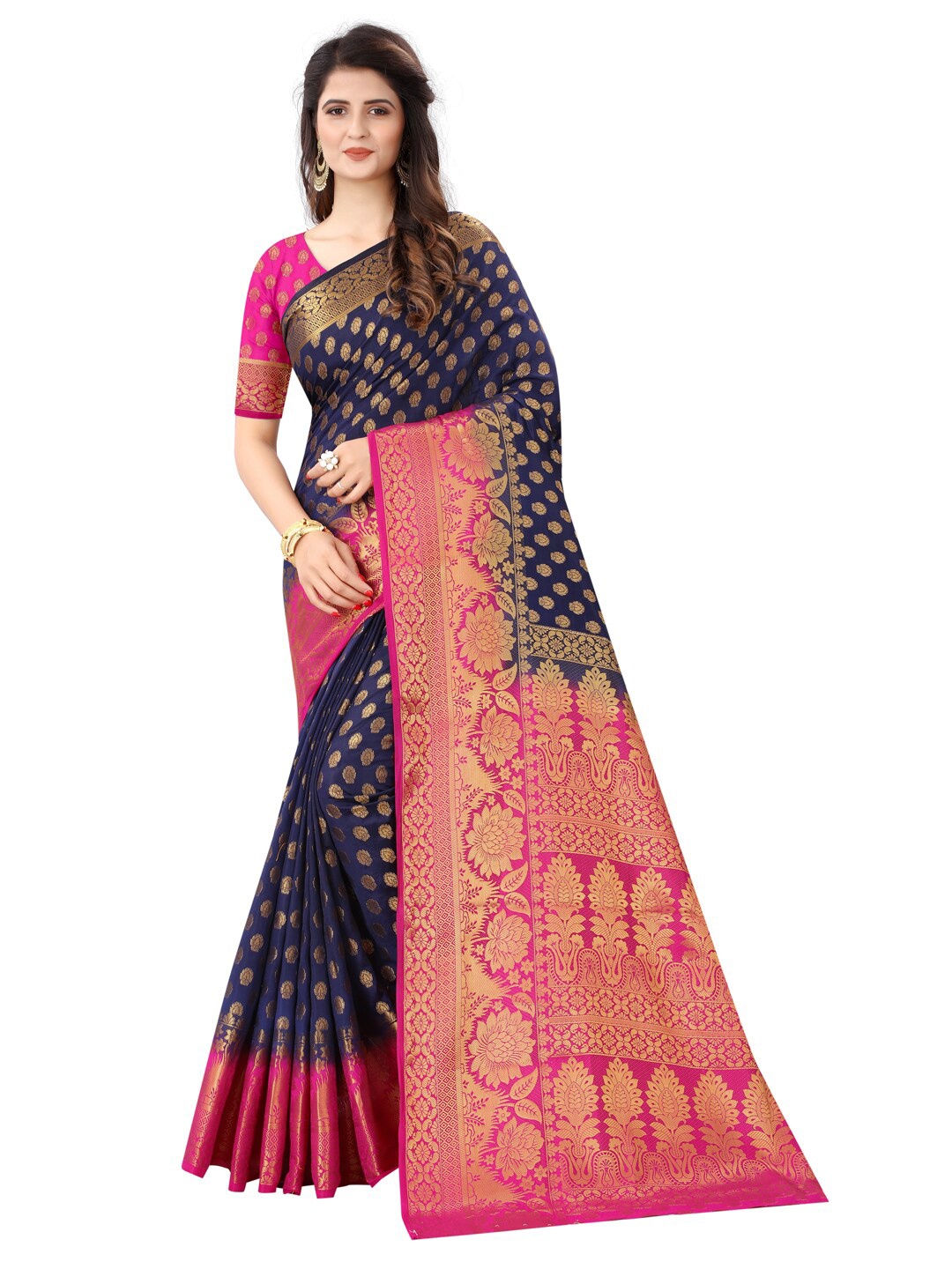 

SATYAM WEAVES Navy Blue & Red Ethnic Motifs Silk Cotton Banarasi Saree