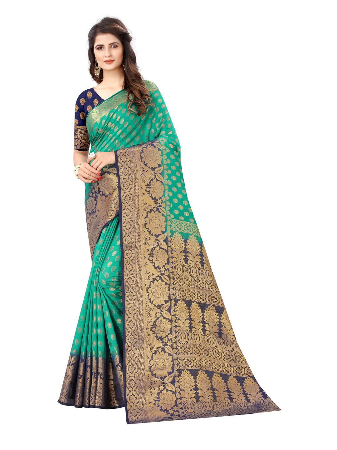 

SATYAM WEAVES Sea Green & Navy Blue Woven Design Zari Silk Cotton Banarasi Saree