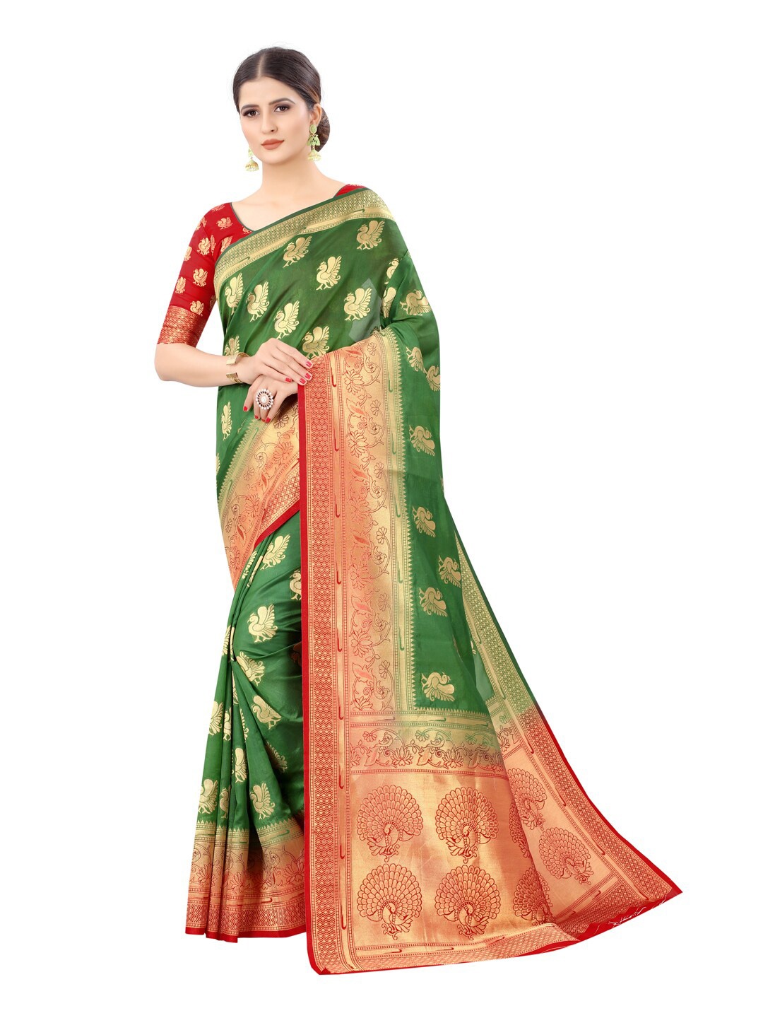 

SATYAM WEAVES Green & Red Ethnic Motifs Zari Silk Cotton Banarasi Saree
