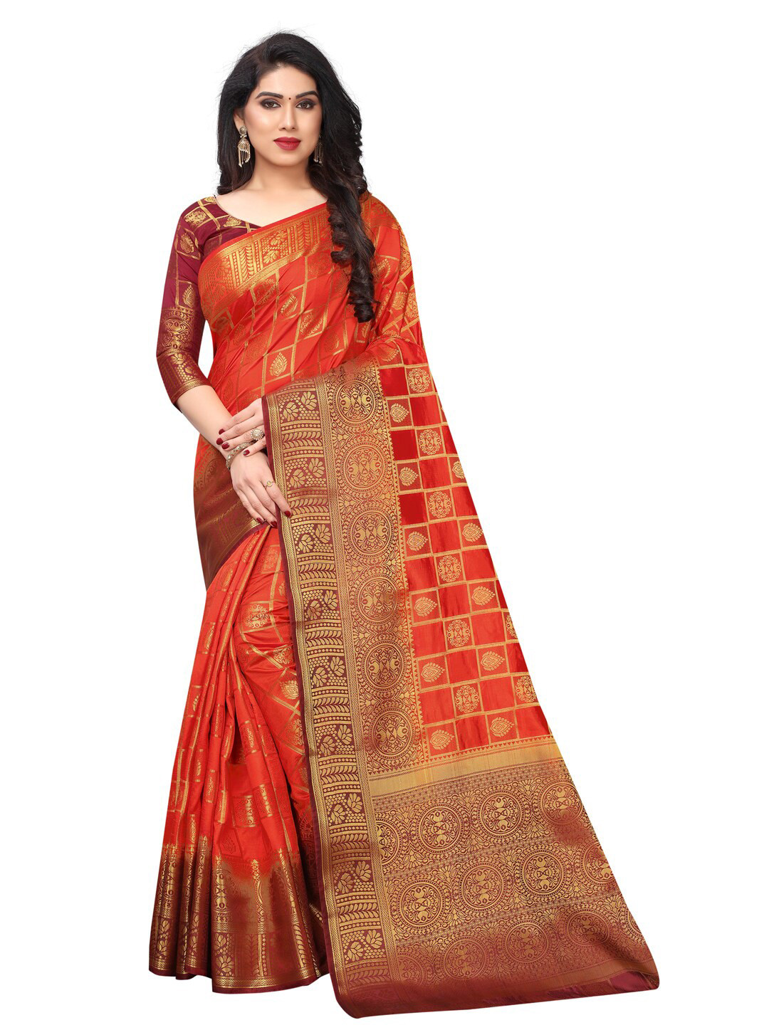 

SATYAM WEAVES Orange & Golden Ethnic Motifs Zari Silk Cotton Banarasi Saree