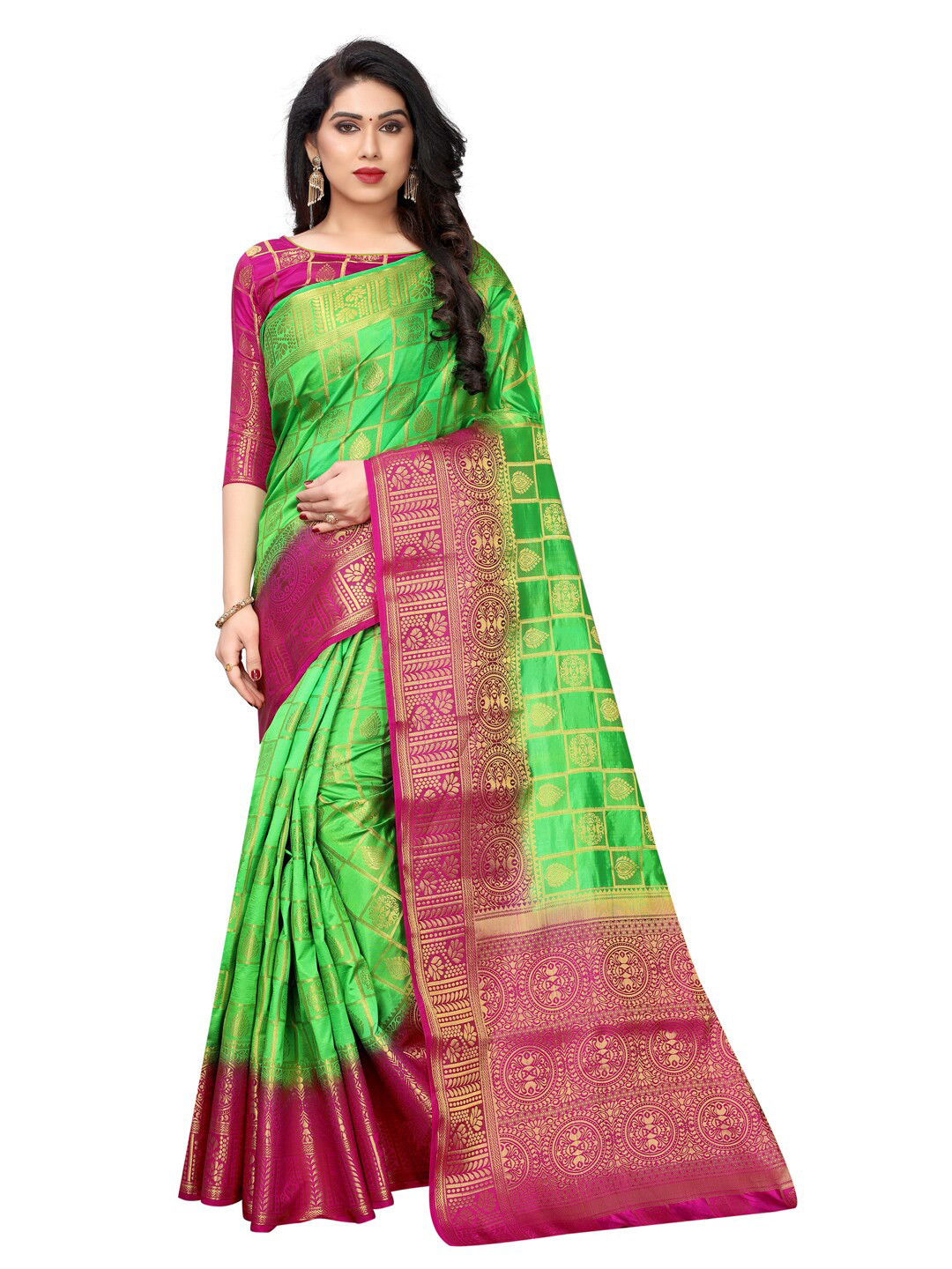 

SATYAM WEAVES Green & Gold-Toned Ethnic Motifs Silk Cotton Banarasi Saree