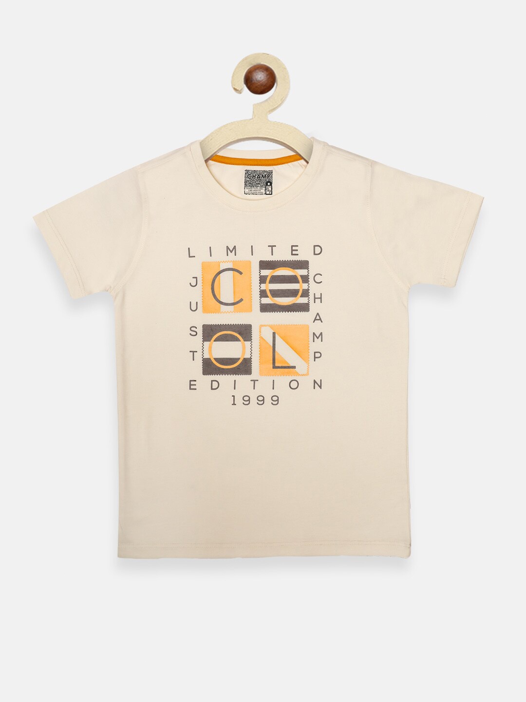 AXM CHAMP Boys Cream-Coloured Typography Printed T-shirt