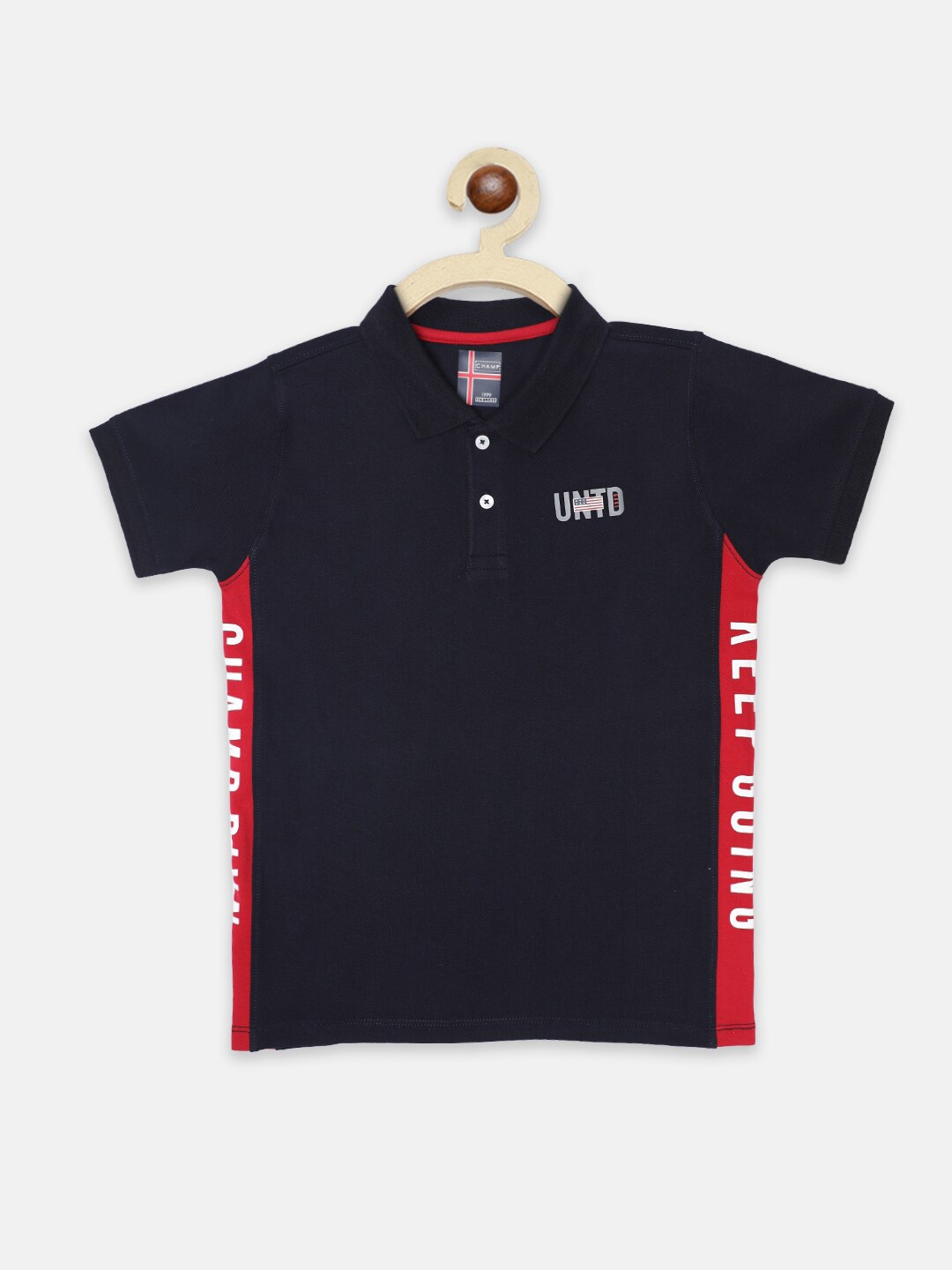 

AXM CHAMP Boys Navy Blue & Red Typography Polo Collar T-shirt