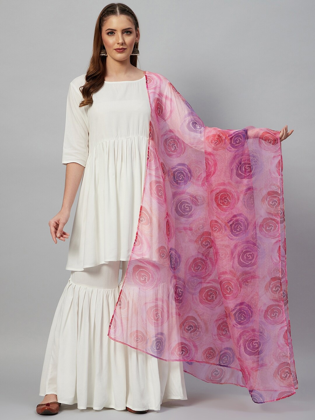 

InWeave Pink & Lavender Floral Printed Organza Dupatta