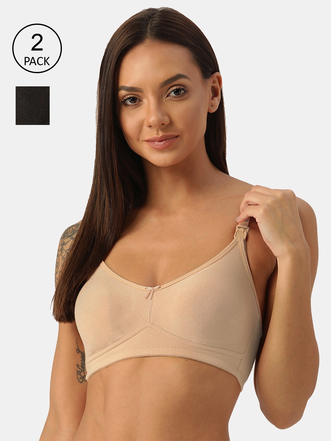 

Inner Sense Pack Of 2 Beige & Black Non Padded Organic Cotton Antimicrobial Bra
