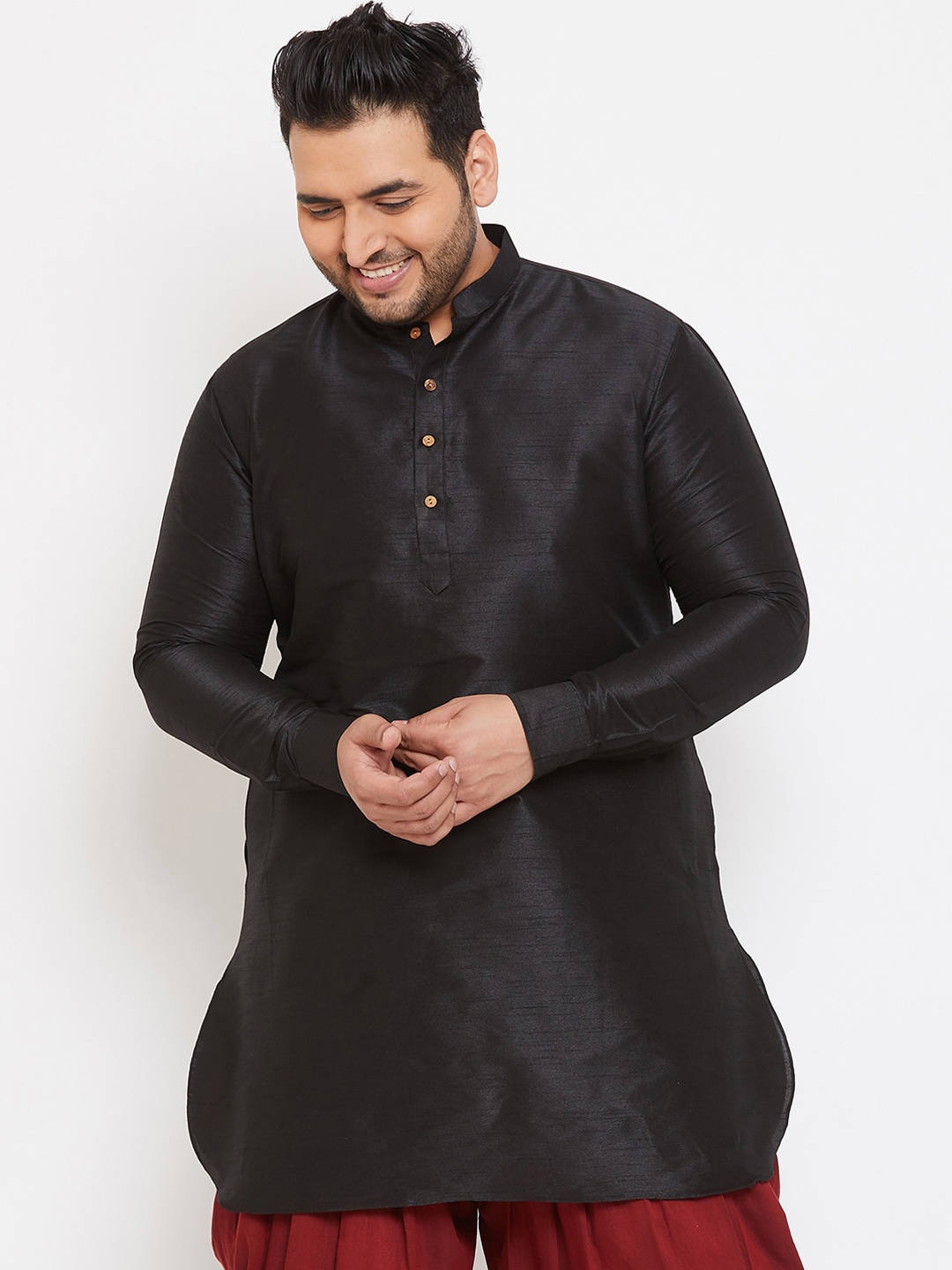 

VASTRAMAY PLUS Size Men Black Silk Blend Straight Kurta