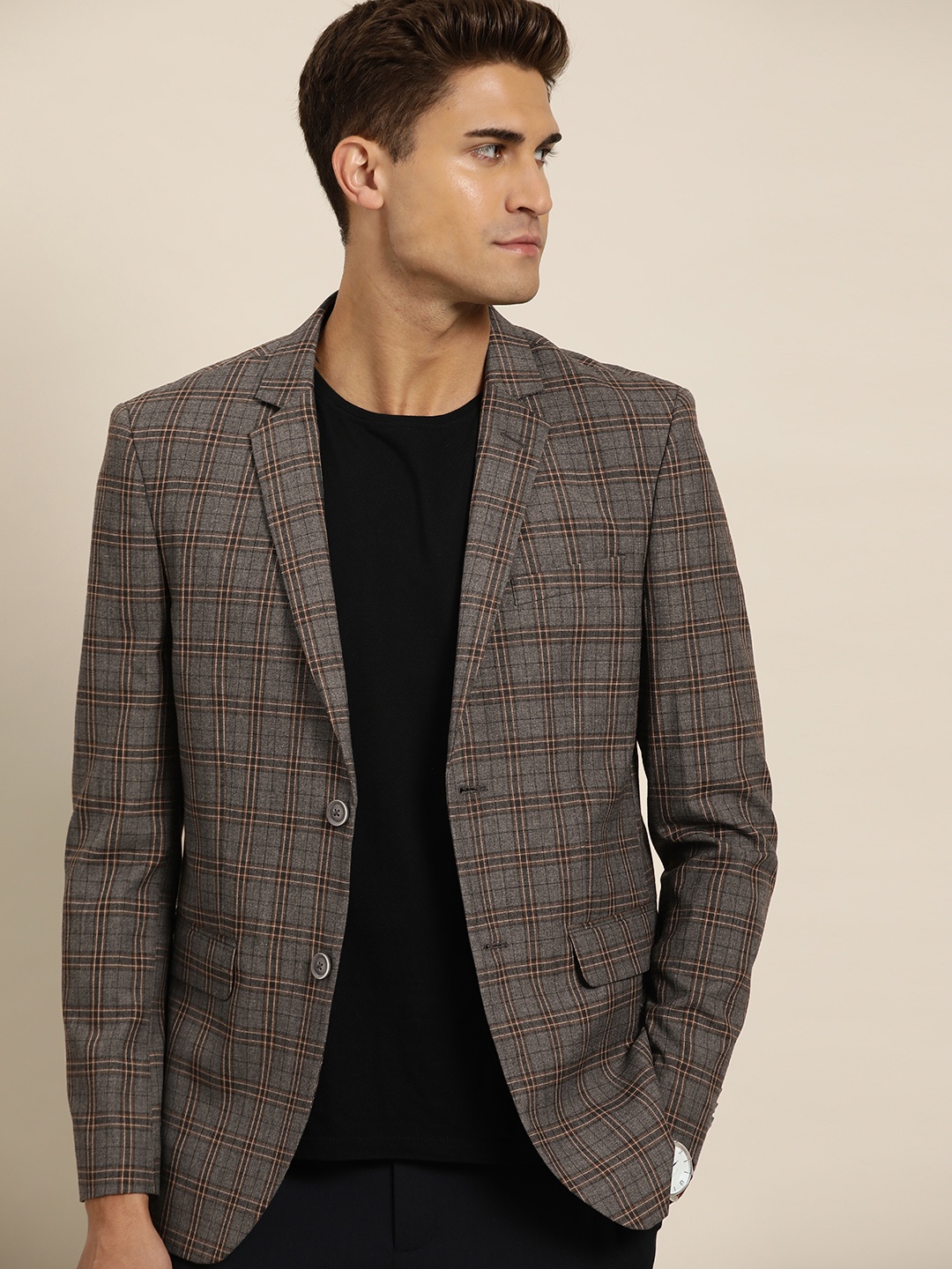 

INVICTUS Men Grey & Brown Slim Fit Checked Single-Breasted Formal Blazer