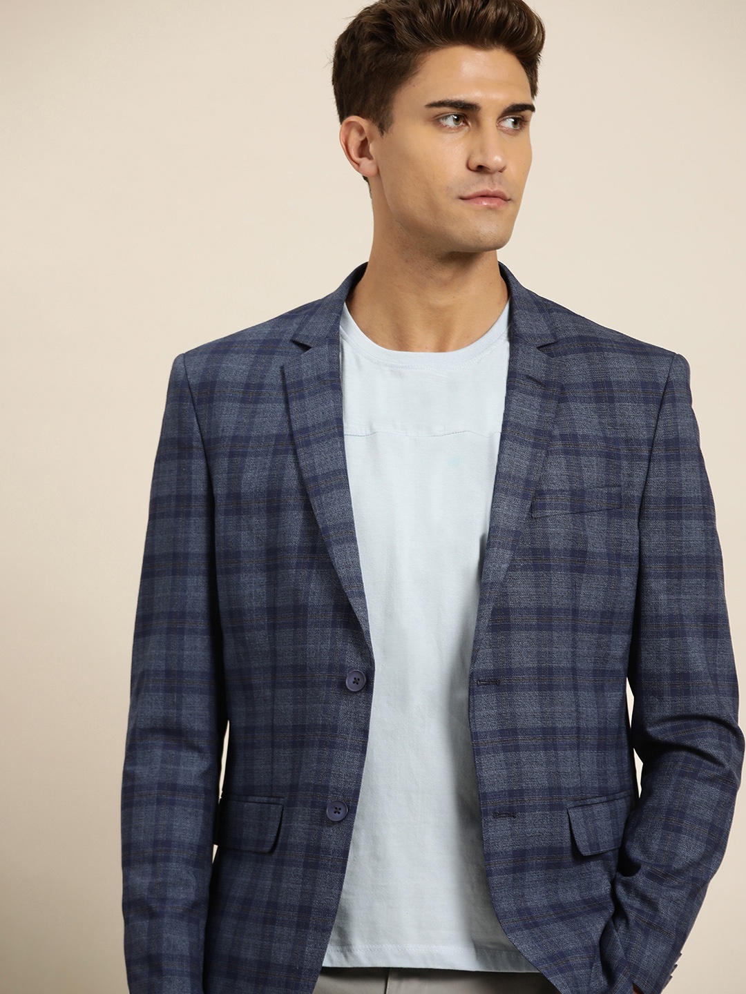 

INVICTUS Men Navy Blue Checked Slim Fit Single-Breasted Blazer