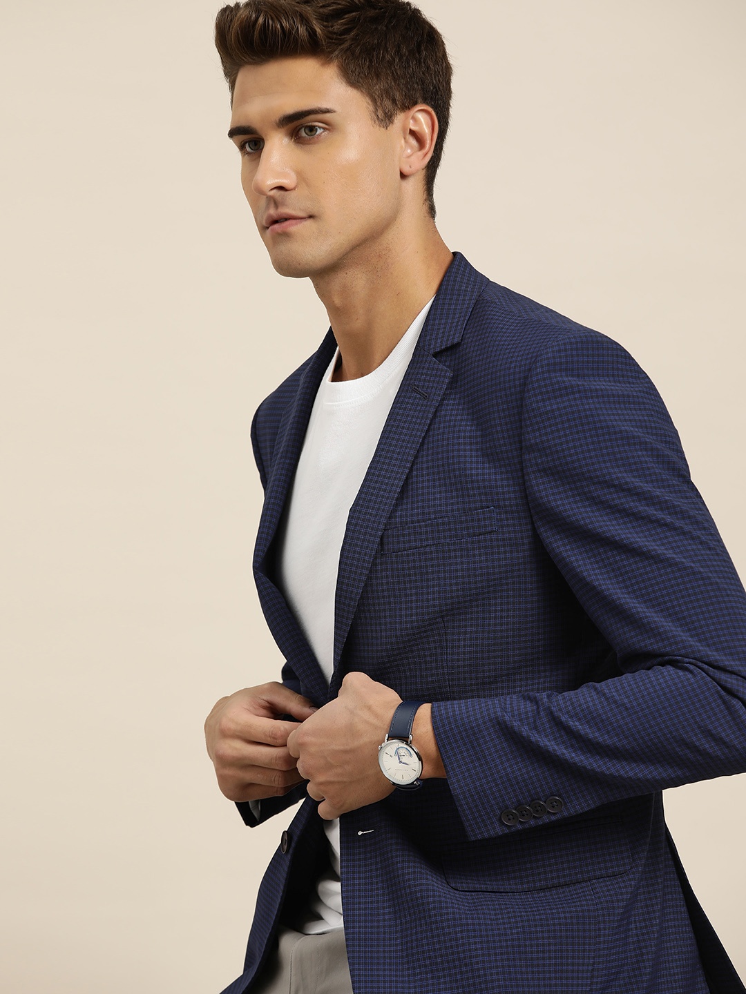 

INVICTUS Men Navy Blue & Black Slim Fit Checked Single-Breasted Formal Blazer