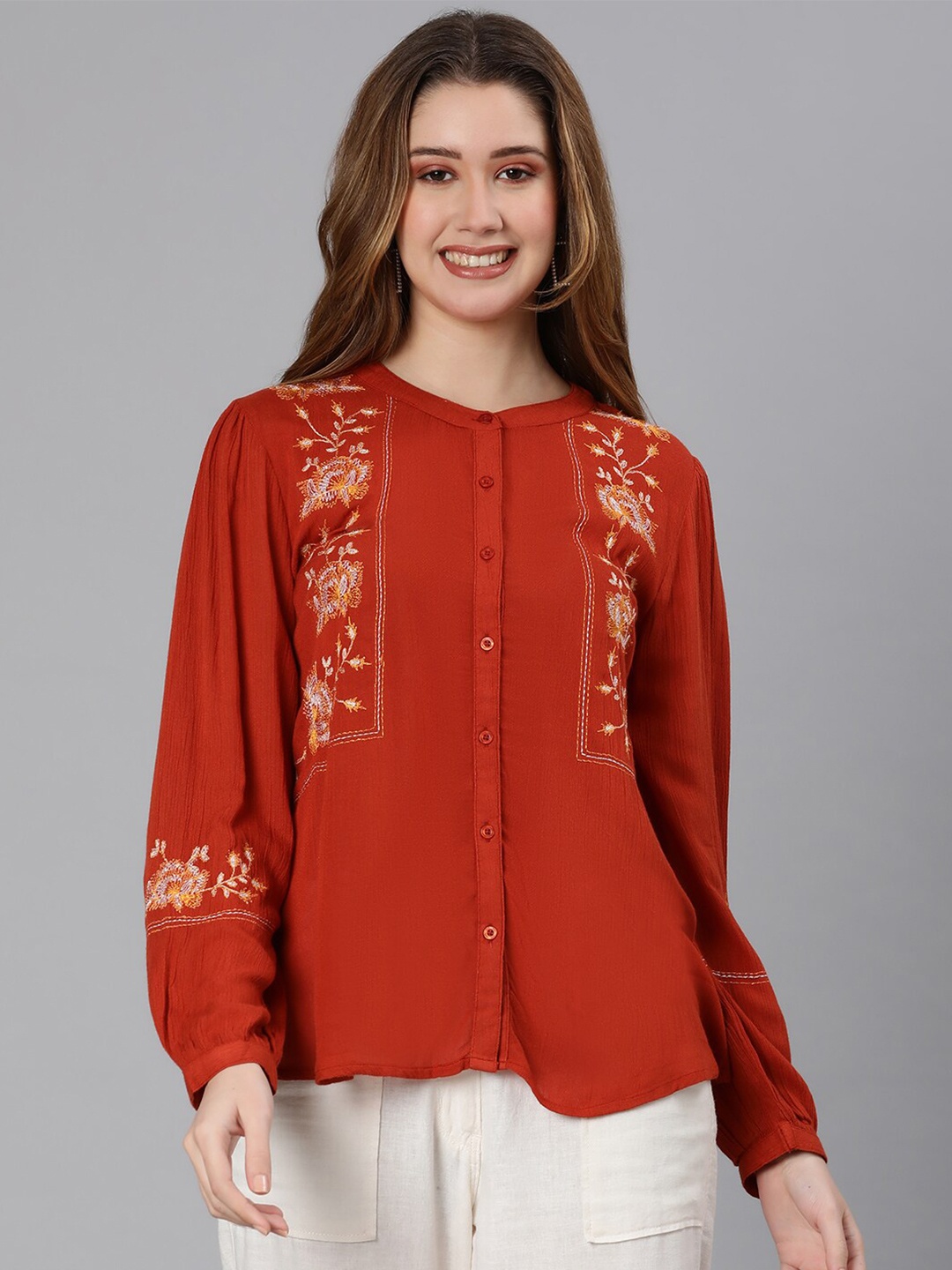 

Oxolloxo Women Rust Print Mandarin Collar Crepe Shirt Style Top