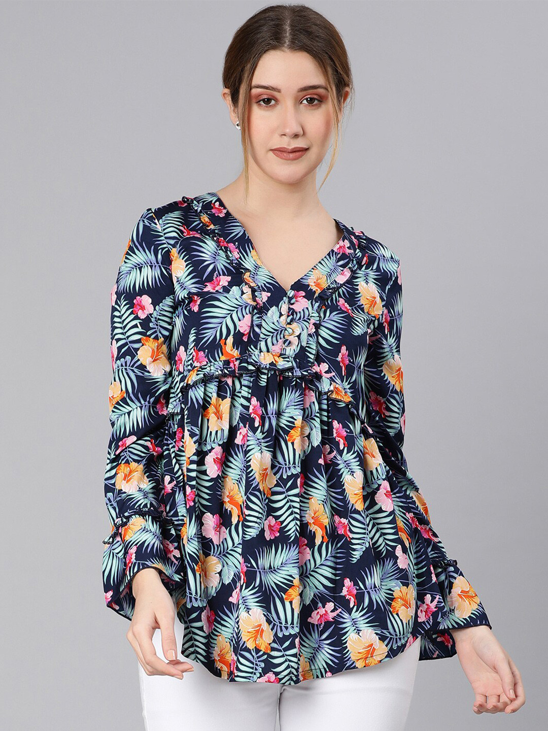 

Oxolloxo Navy Blue & Pink Floral Print Ruffles Top