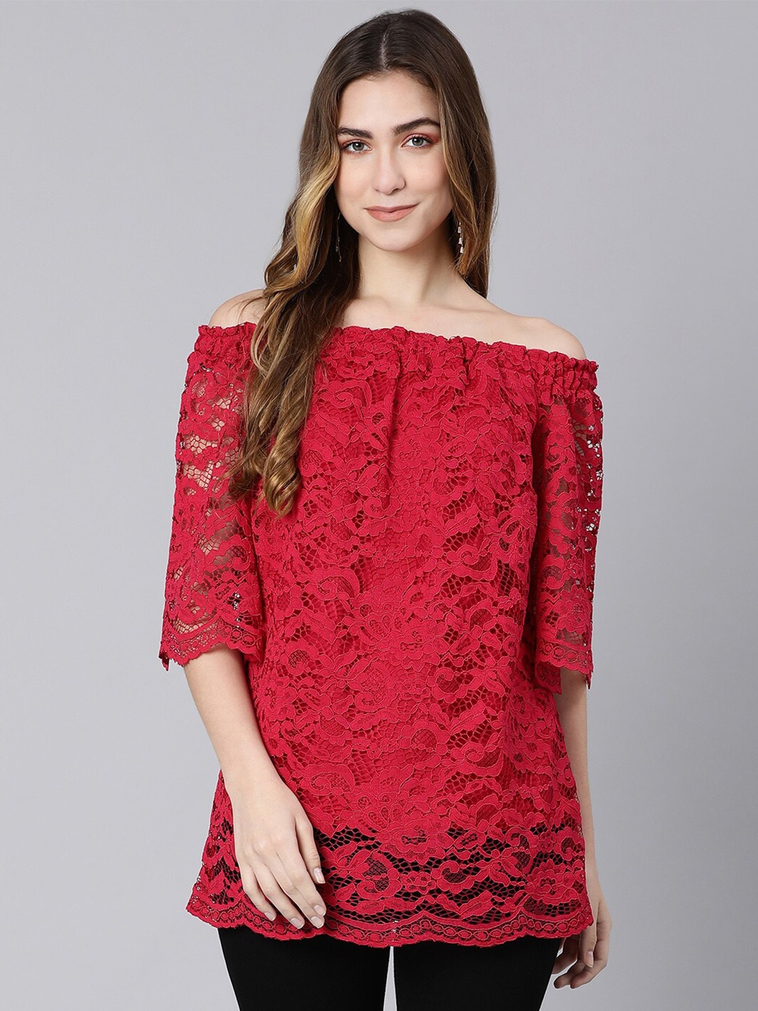 

Oxolloxo Women Red Floral Off-Shoulder Bardot Top