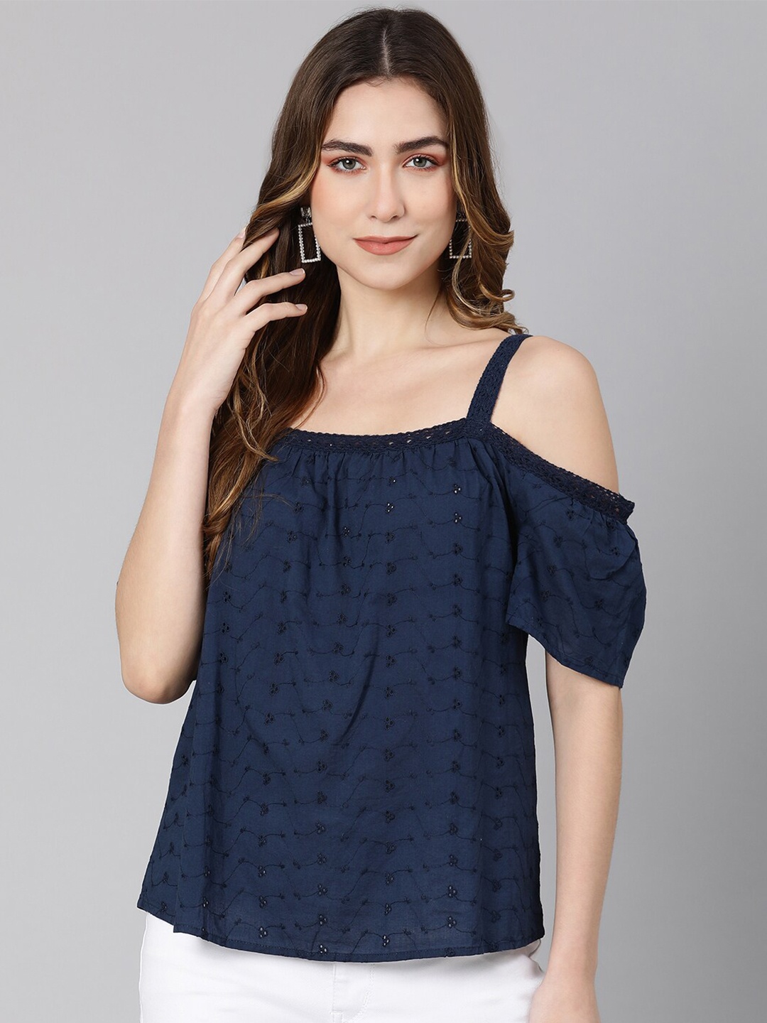 

Oxolloxo Women Navy Blue Self Design Shoulder Strap Pure Cotton Regular Top