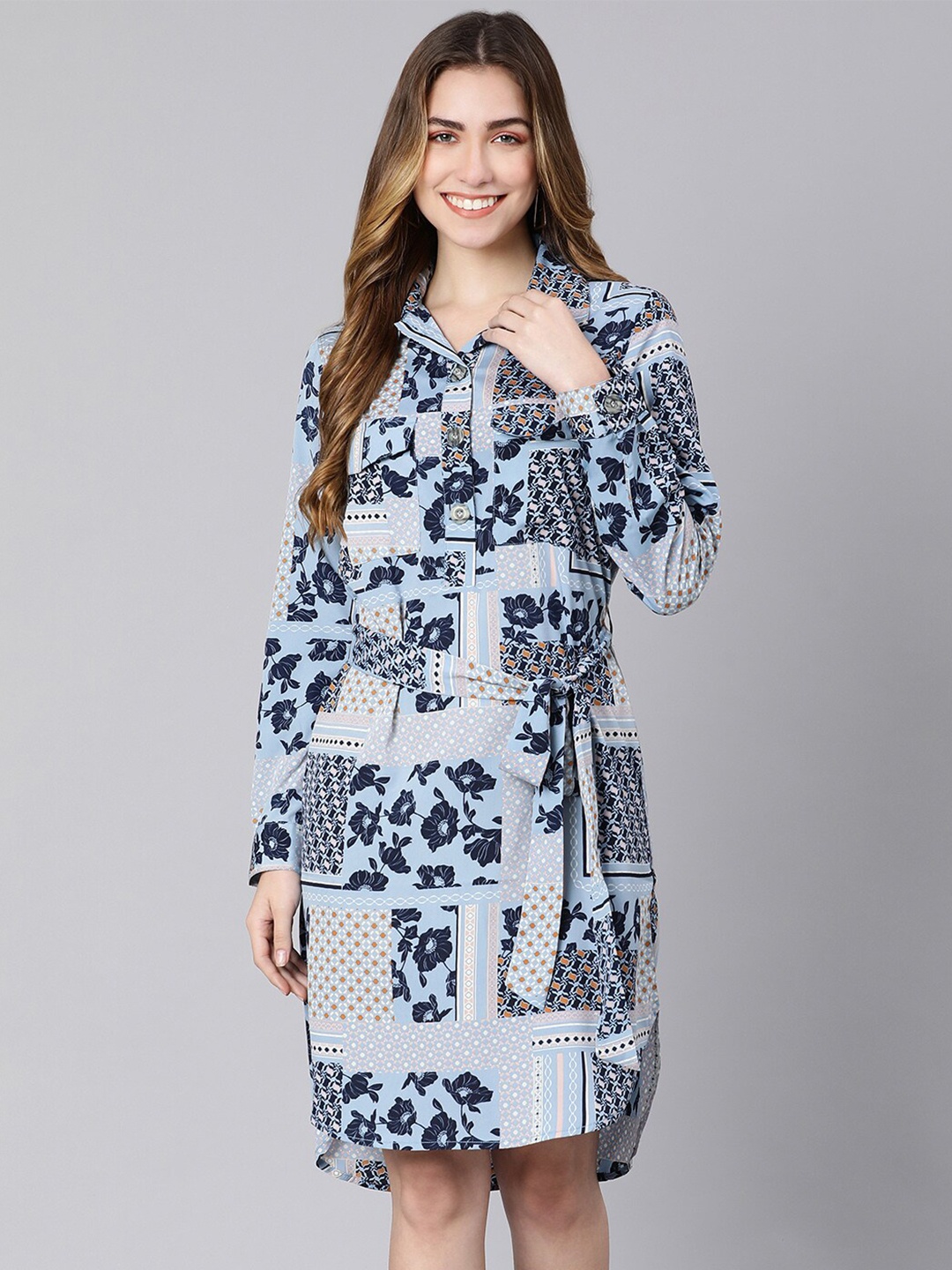 

Oxolloxo Blue Floral Print Satin Shirt Dress