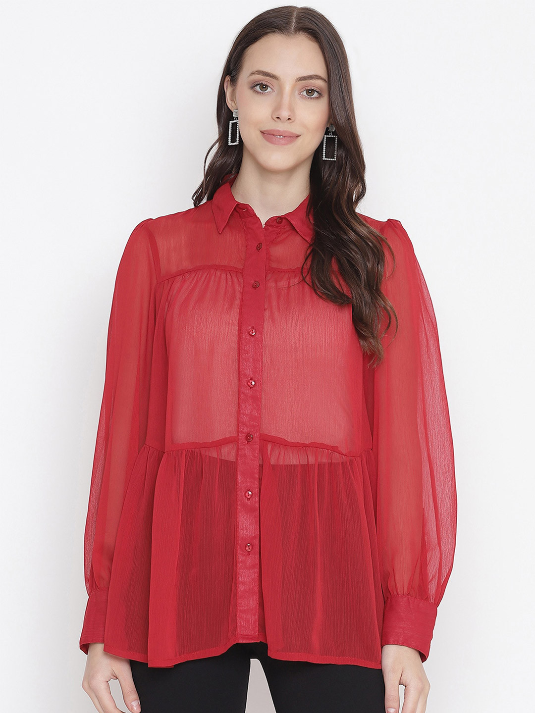 

Oxolloxo Women Red Solid Sheer Comfort Casual Shirt
