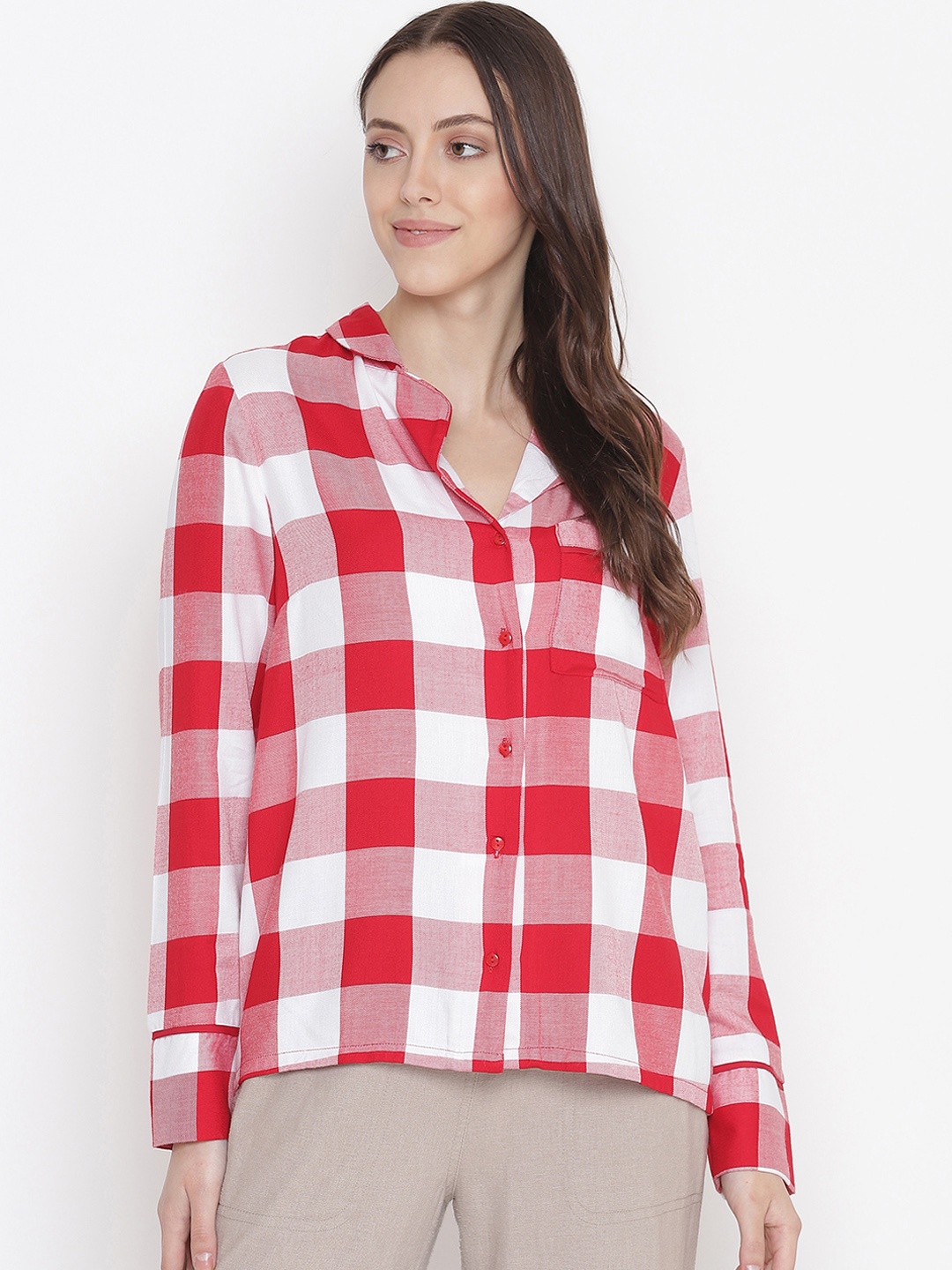 

Oxolloxo Women Red & White Relaxed Checked Casual Shirt