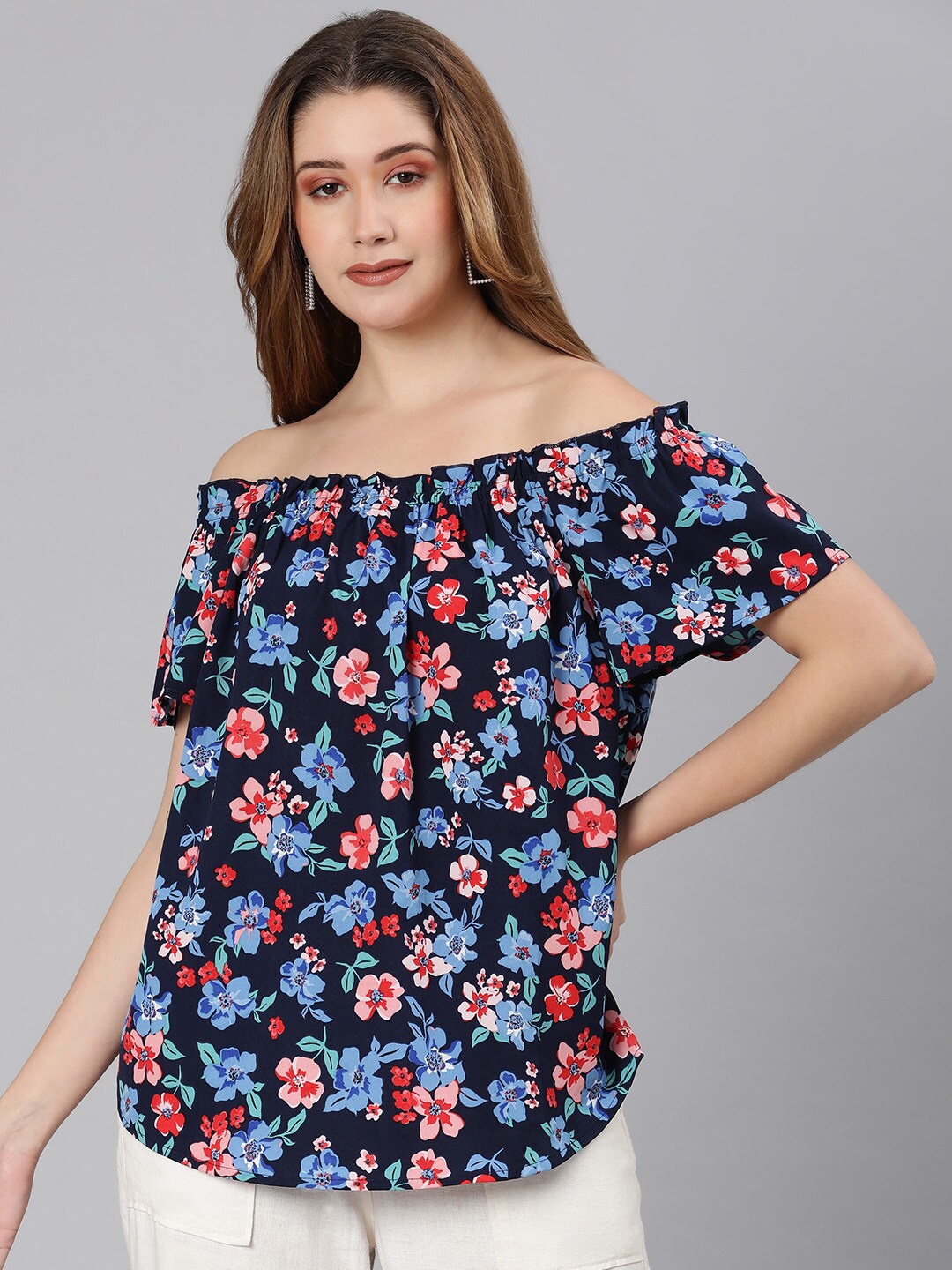 

Oxolloxo Blue Floral Print Off-Shoulder Top