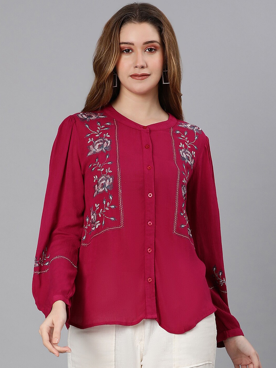 

Oxolloxo Maroon Floral Embroidered Mandarin Collar Crepe Shirt Style Top