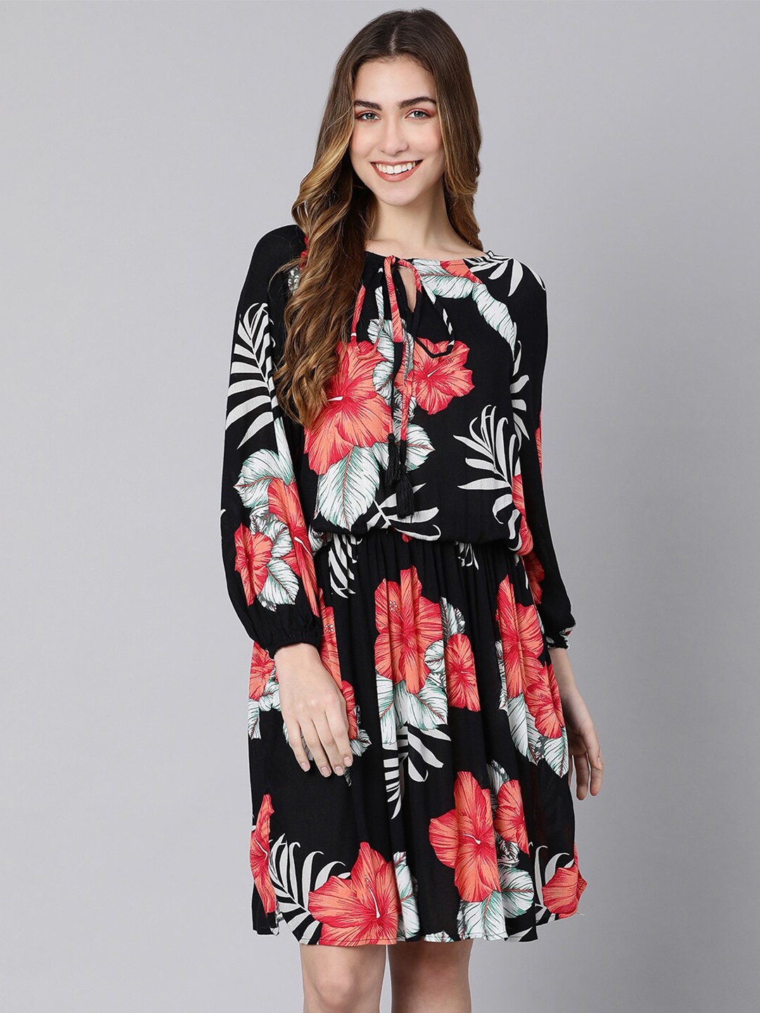 

Oxolloxo Women Black Floral Printed Crepe A-Line Dress